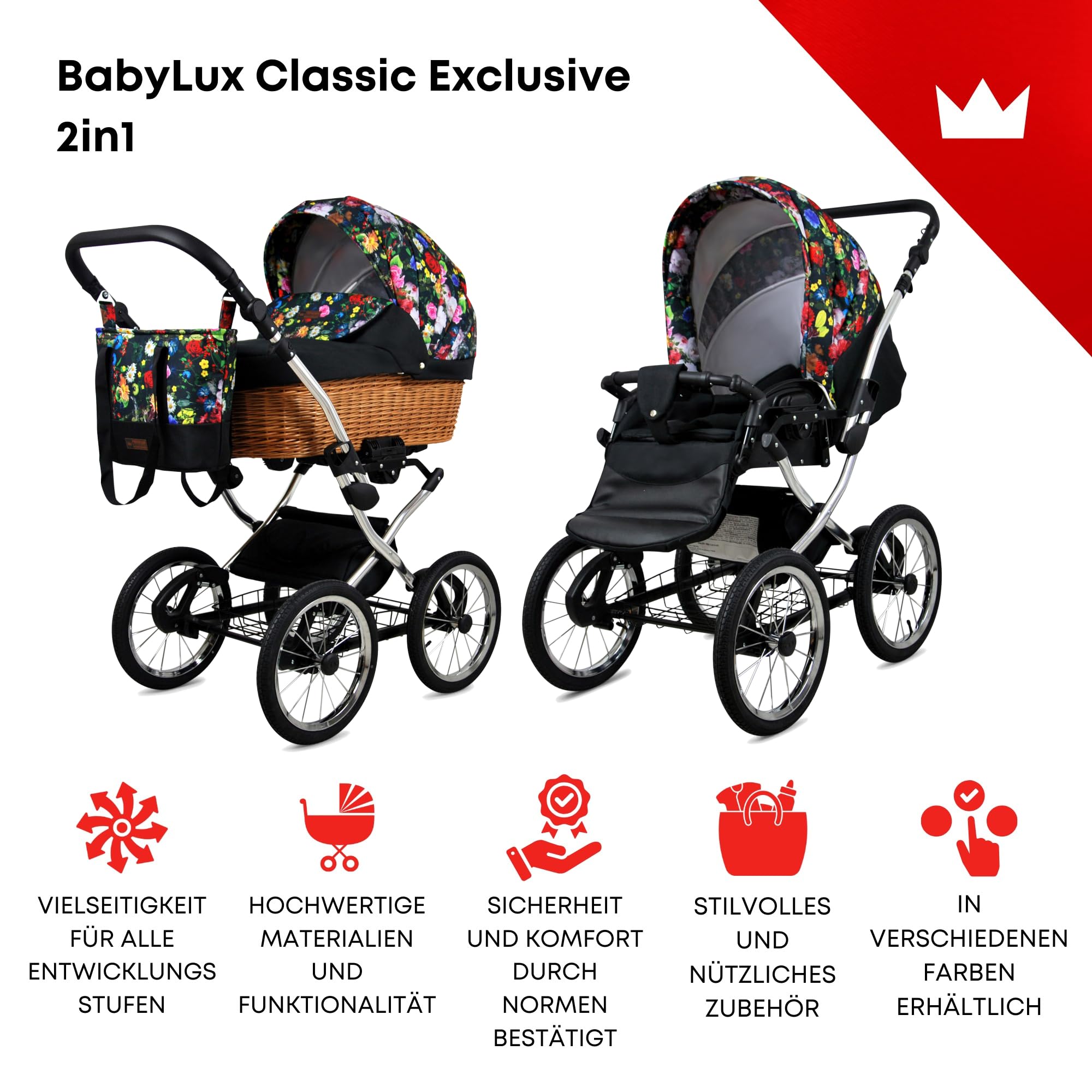 BabyLux ALU 2w1 Wózek dla Malucha – Wózki spacerowe & Wózki dziecięce – Wózek spacerowy dla Noworodka i Malucha – Wózek dla Noworodka – 59x105x125cm – Max 15kg – Garden Flowers Silver Frame