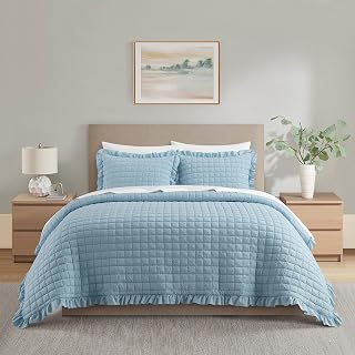 Chic Home Revel Queen Quilt Set 3-Piece Diamond Stitched Lightweight Coverlet with 2 Pillow Shams, Blue