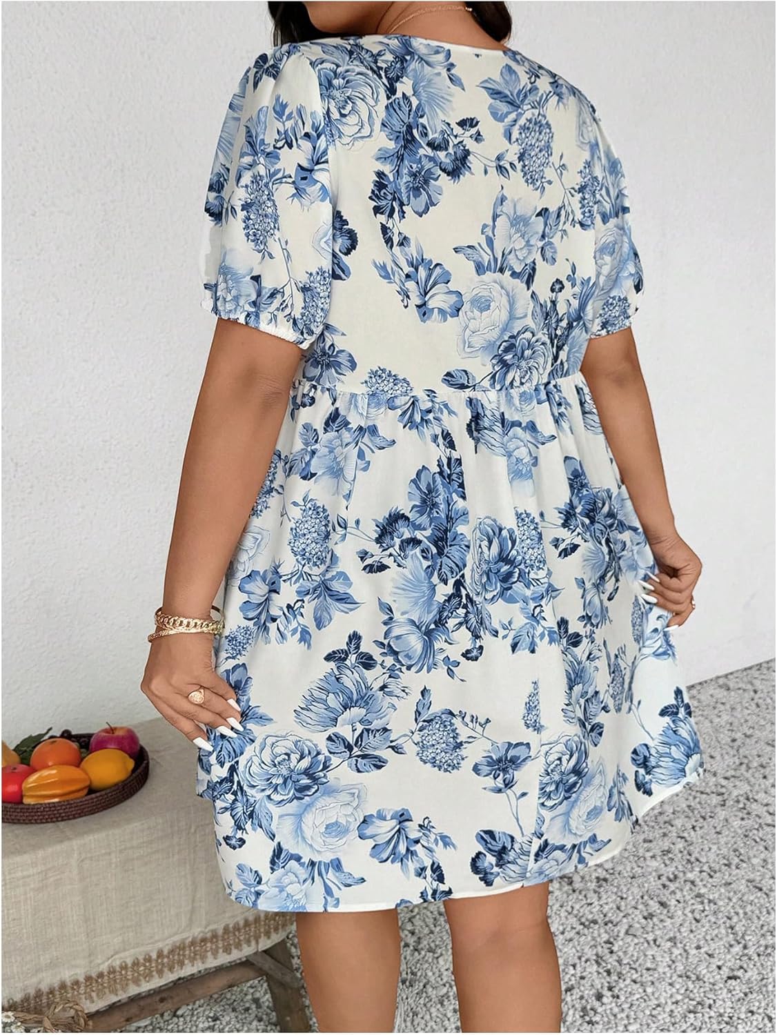Floerns Women's Plus Size Floral Tie Neck Flowy Dress Puff Sleeve Vacation Short Dresses - Image 3