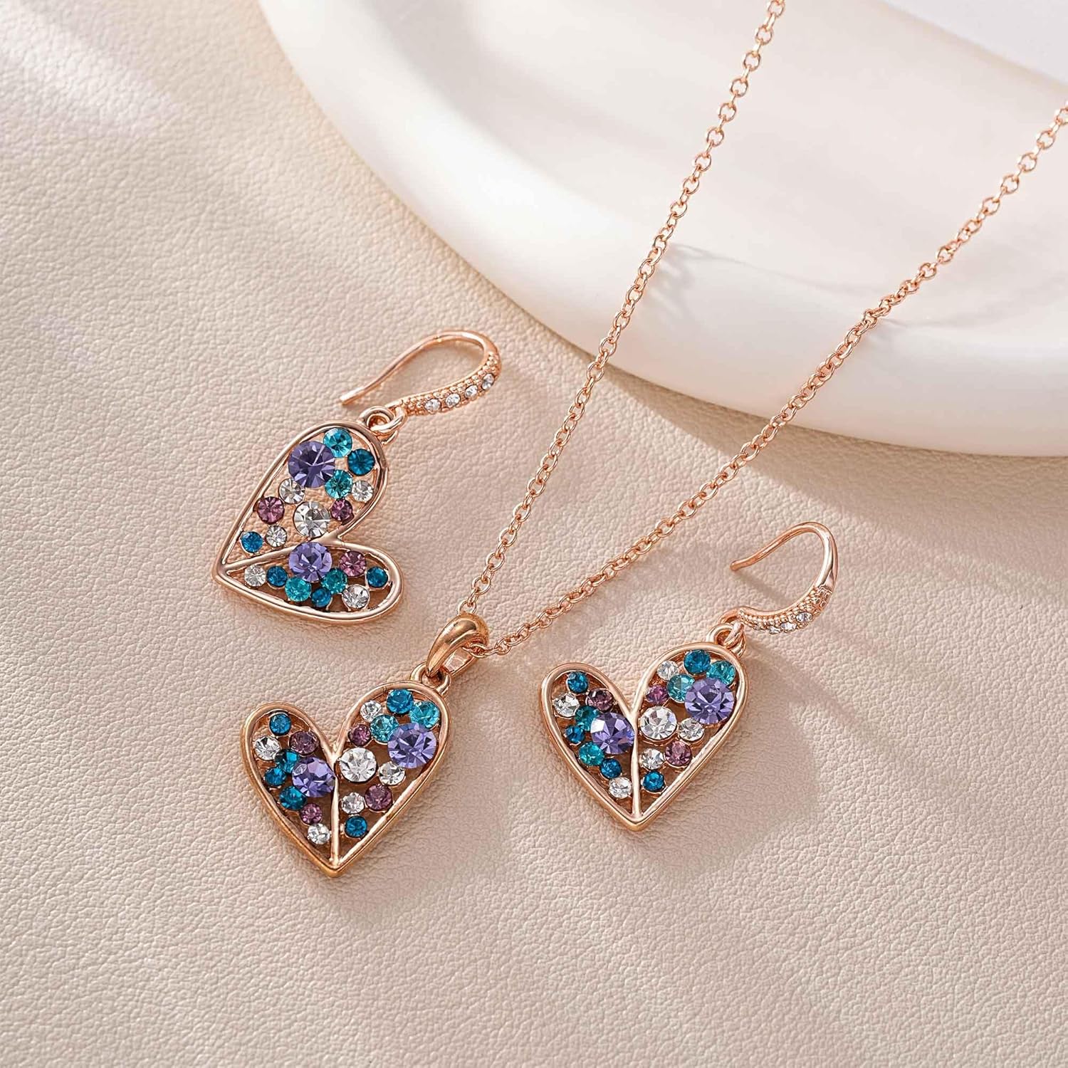 EVEVIC Austrian Crystals Heart Pendant Necklace Earrings Set for Women 14K Rose Gold Plated Drop Earrings Hypoallergenic Jewelry Set Gift for Birthday Anniversary Wedding - Image 3
