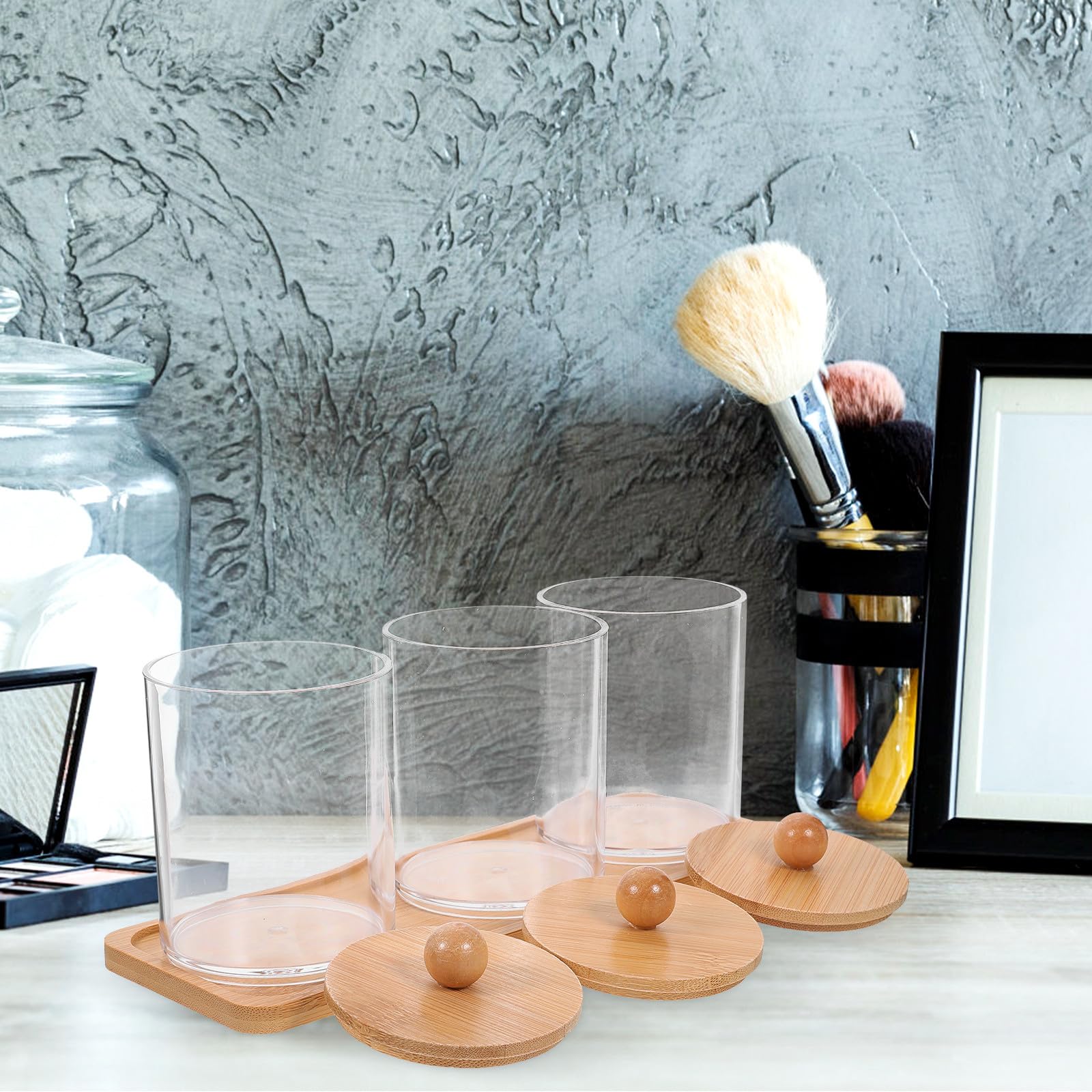 Alipis Durchsichtiger Kosmetik Aufbewahrungsbehälter Satz mit Bambusdeckel Wattestäbchenhalter und Wattepad Gläsern Kunststoff Klein für Badezimmer und Schminktisch