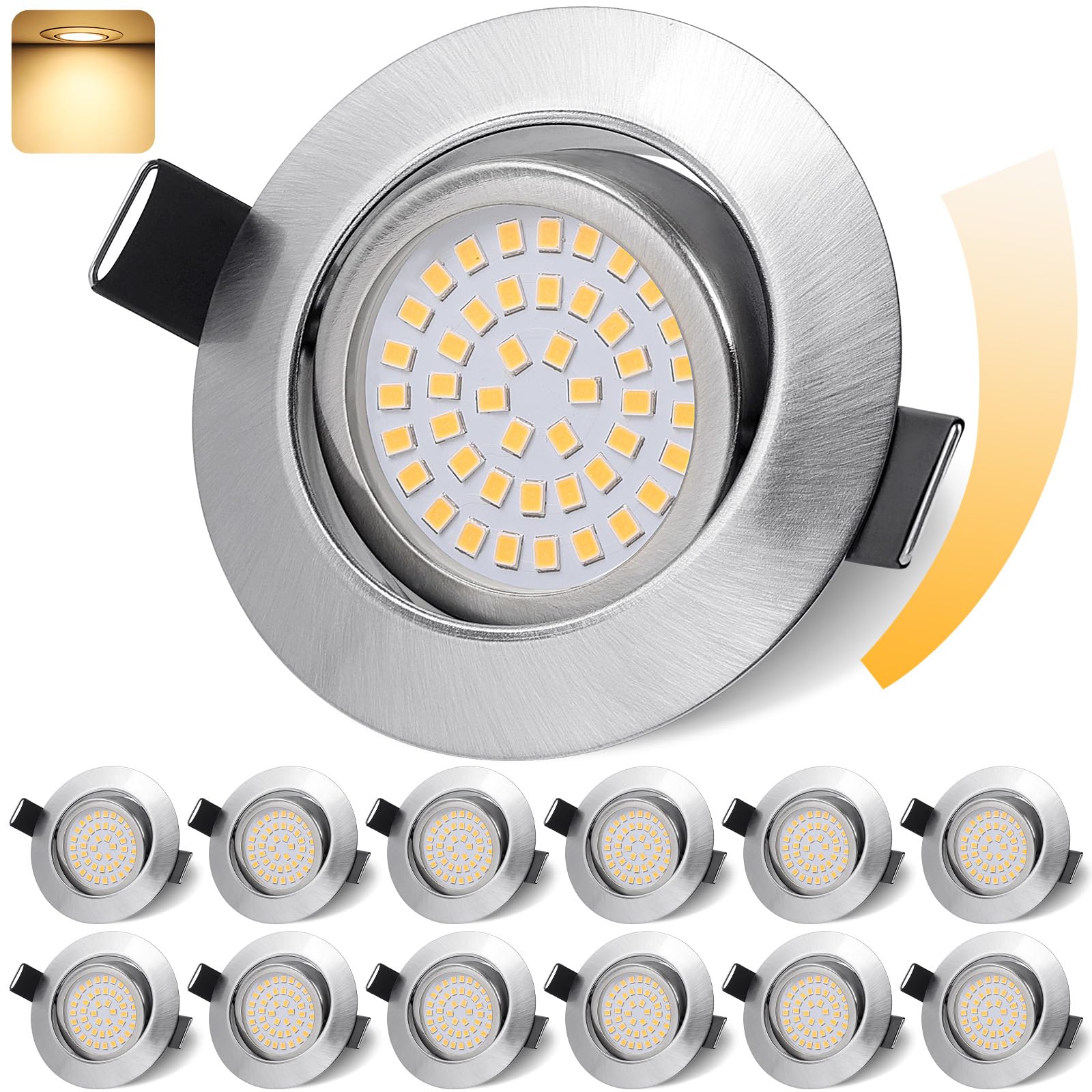 GeyouLux Downlight LED Techo Empotrable Regulable Blanco Cálido 3000K Níquel 12 Pack | Foco de techo giratorio 45°, 3000 K, blanco cálido, para baño, cocina, salón, empotrable, plano, níquel