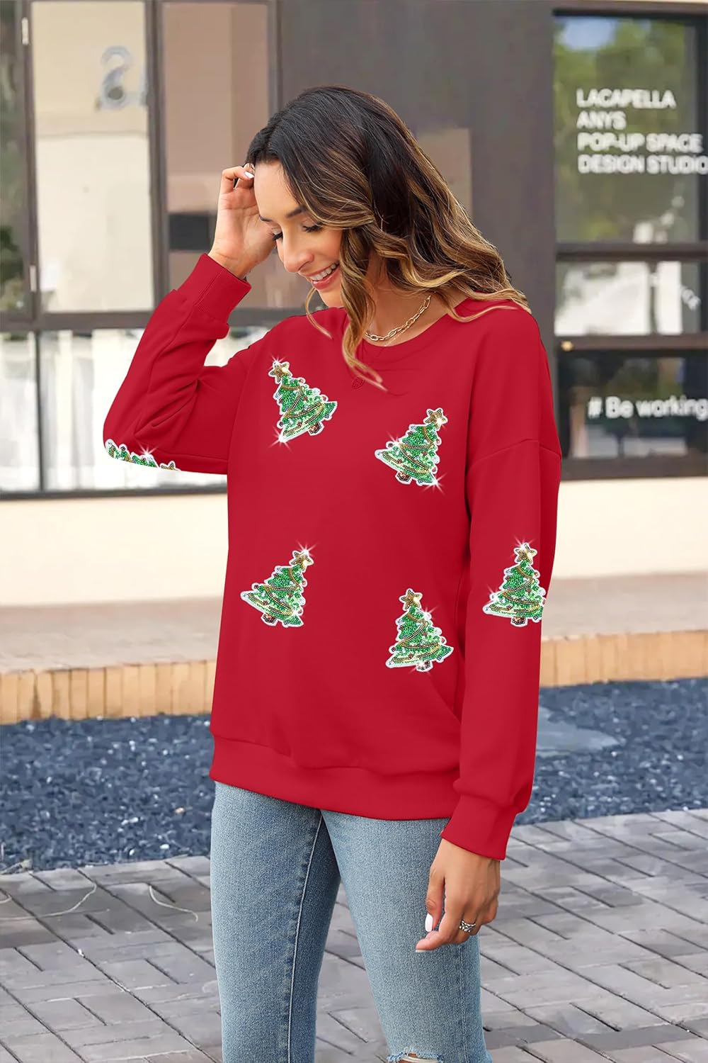 MYHALF Christmas Sweatshirt for Women Crewneck Sequin Christmas Tree Sweater Xma Long Sleeve Holiday Pullover Shirts - Image 3