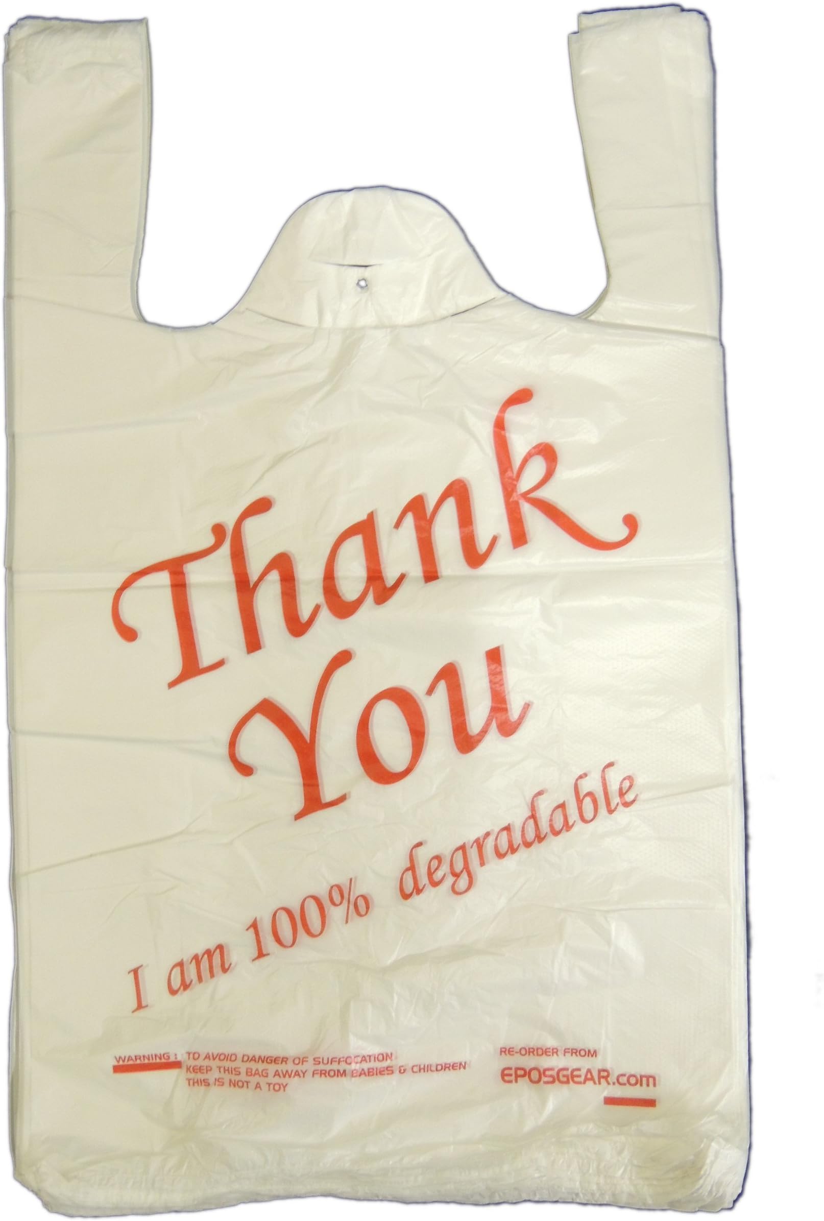 EPOSGEAR® Large Thank You 100% Degradable Eco Plastic Vest Carrier Bags (10" x 15" x 18", Red, 300)
