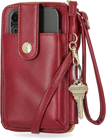 Mundi Jacqui RFID Crossbody Wallet for Women, Vegan Leather Small Travel Handbag with Phone Holder, Compact Organizer with Card Slots and Removable Strap, Vacation Purse in Red