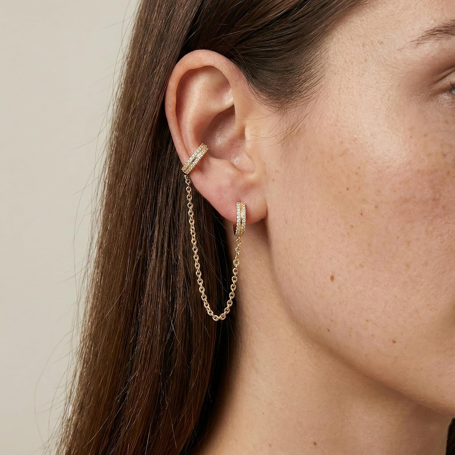 Gold Chain Earrings for Women, Hypoallergenic Huggie Hoop Stud for Catilage Conch Double Piercing, St. Patrick's Day Sterling Silver Chain Earring Jewelry - Image 6