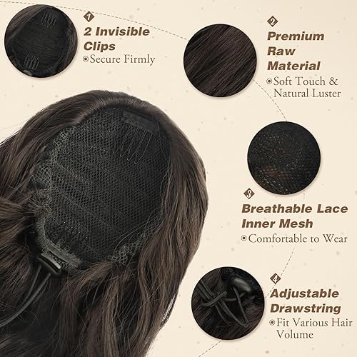 Miniatura 4 de BARSDAR Extensiones de cola de caballo con cordón, 26 pulgadas, extensiones de cabello sintético ondulado de color castaño con clip, extensiones de