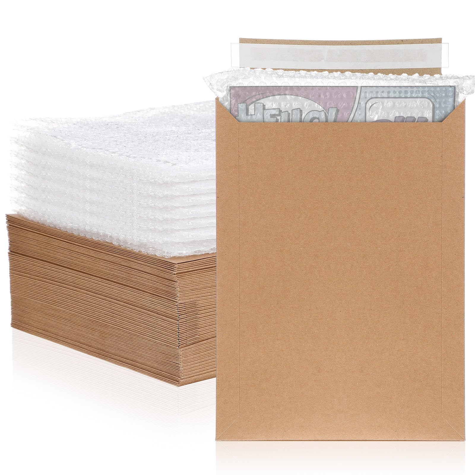 MotiMind 50 sobres de cómics de 8.27 x 11.42 pulgadas con protector de burbujas, sobres planos de papel kraft marrón rígido con sello autoadhesivo para envío de fotos, revistas