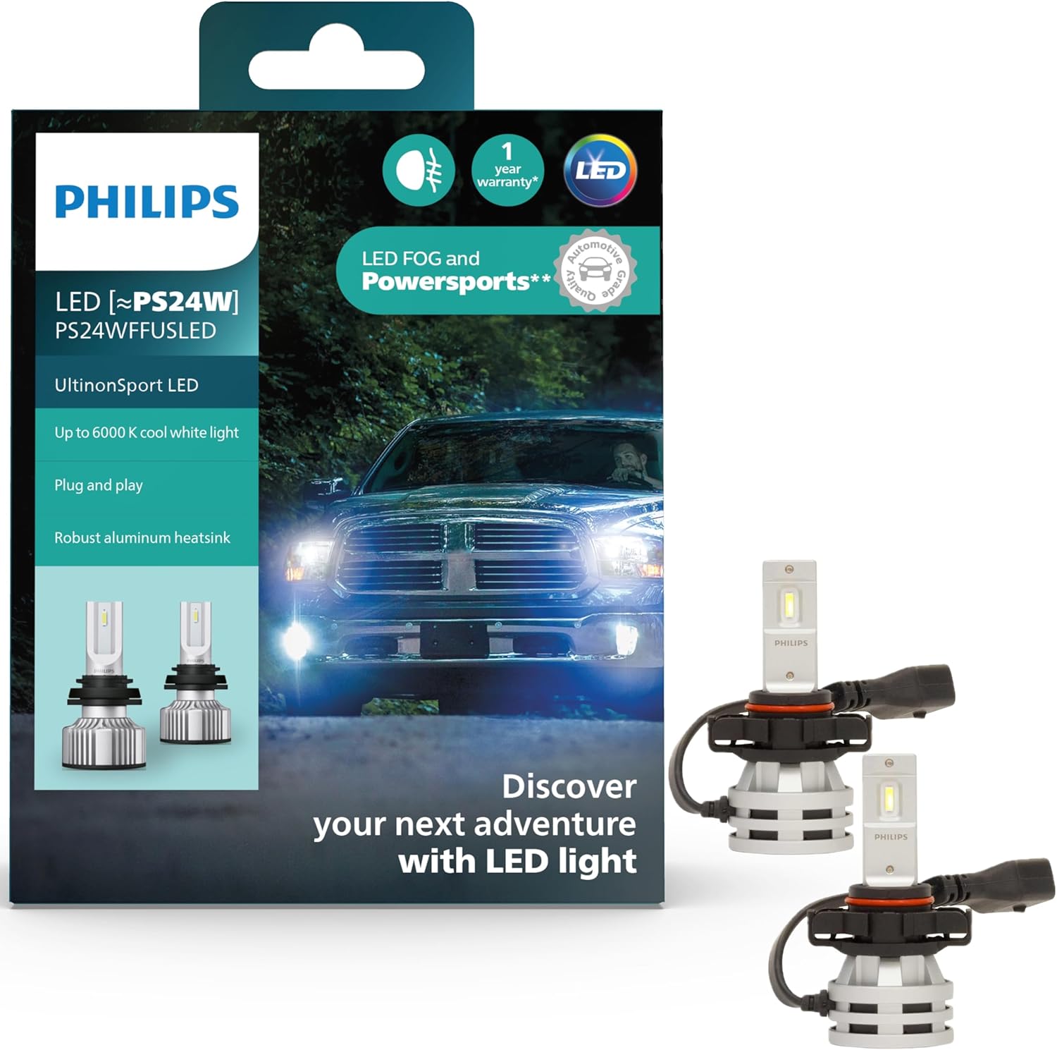 Philips UltinonSport PS24WFF LED Bulb for Fog Light and Powersports Headlights, 2 Pack