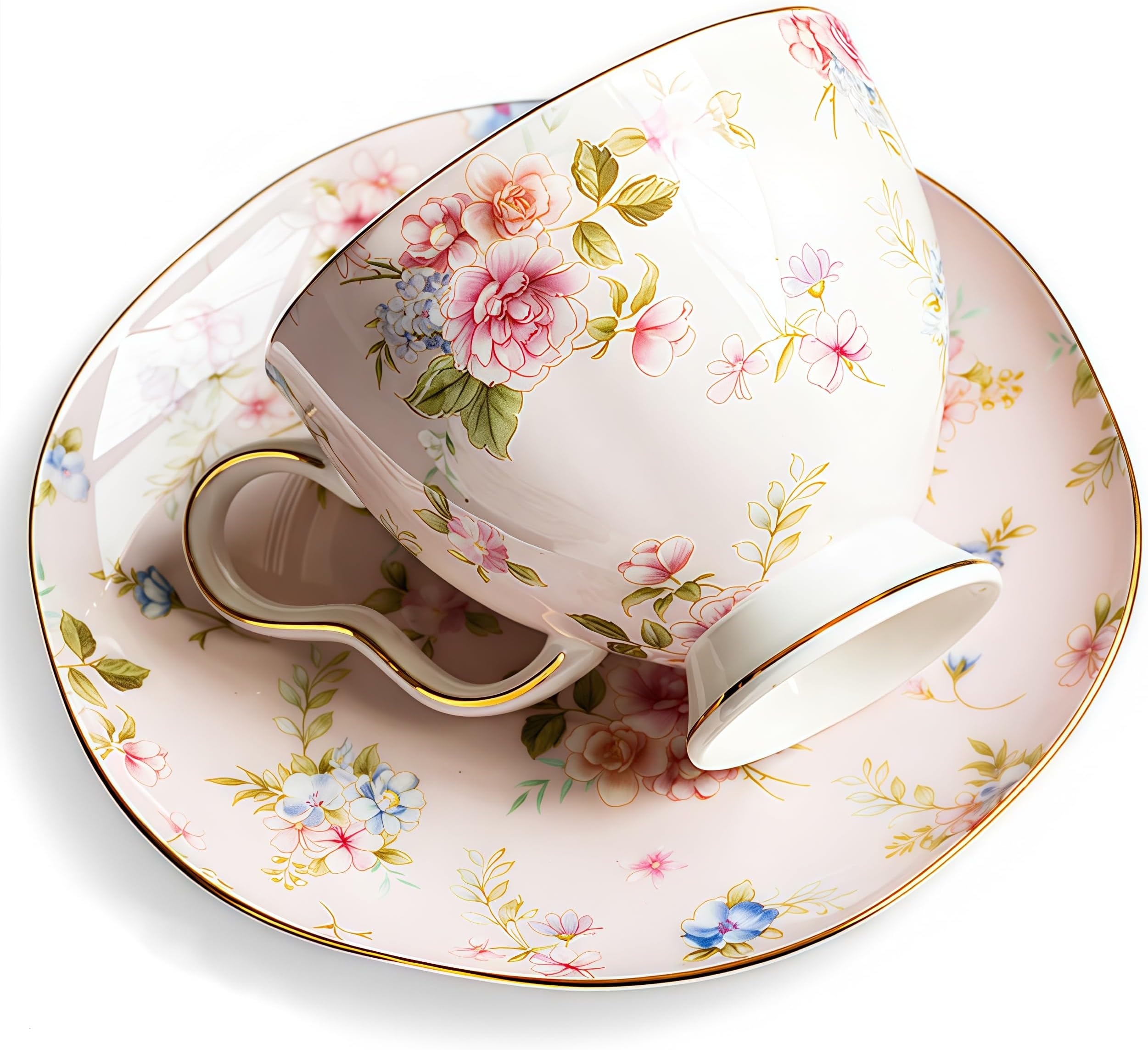 7.5 oz Blush Pink Floral Bone China Teacup and Saucer – English Rose Porcelain Set with Gold Trim, Gift for Bridal Shower, Mother’s Day, or Tea Party