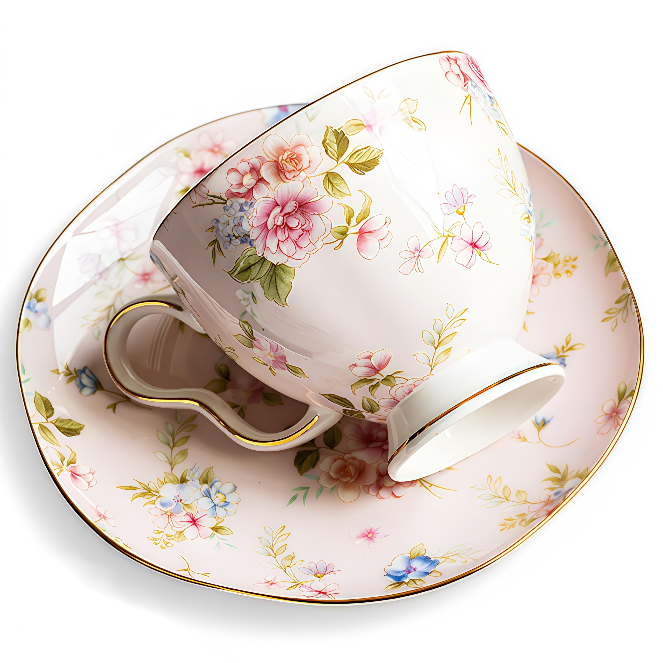 7.5 oz Blush Pink Floral Bone China Teacup and Saucer – English Rose Porcelain Set with Gold Trim, Gift for Bridal Shower, Mother’s Day, or Tea Party