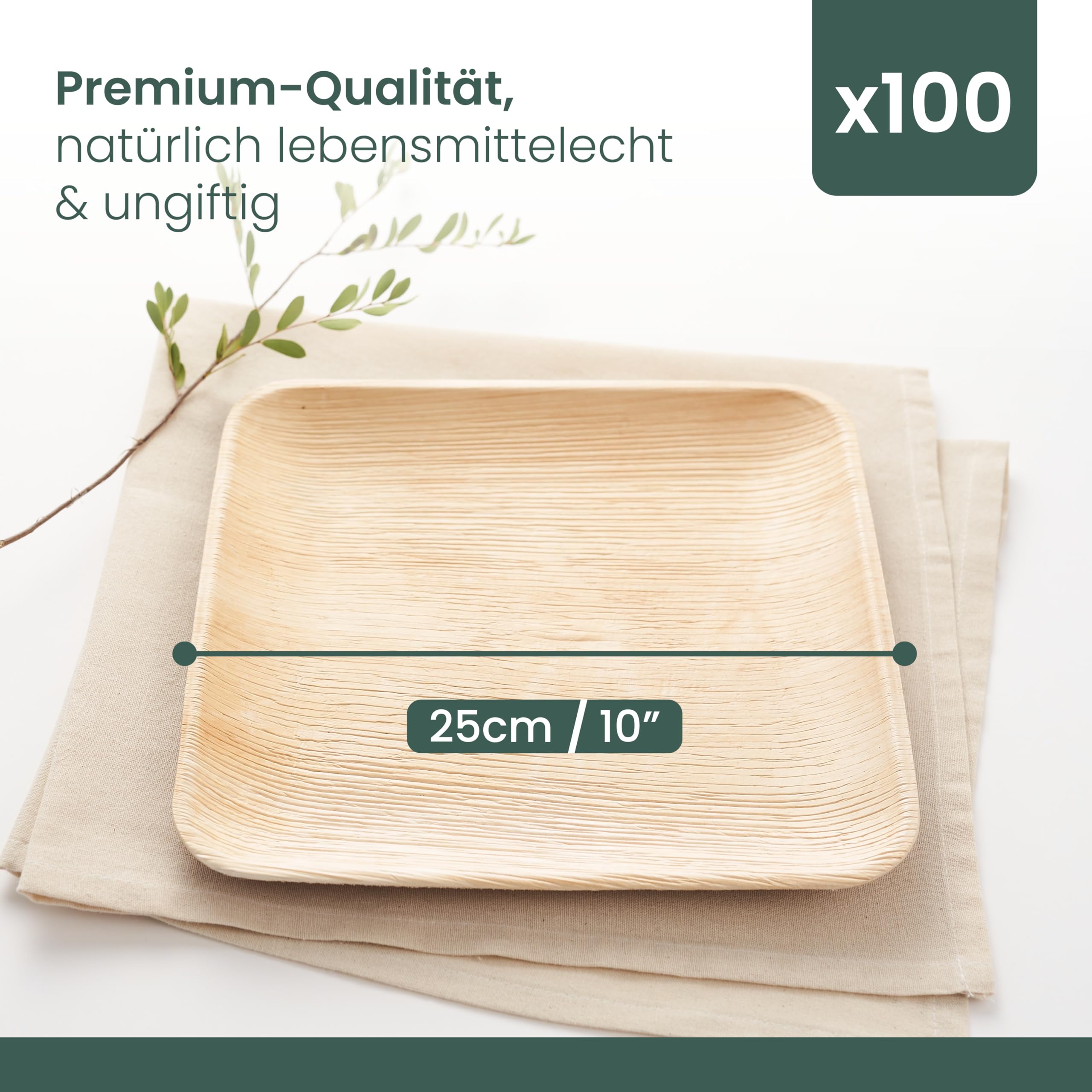 HAAGO 125 quadratische Palmblatt-Teller, 25 cm – stabile Einwegteller für warme & kalte Speisen, Party & Grillen – kompostierbar, für Mikrowelle, Backofen & Gefrierschrank, Holzteller-Optik
