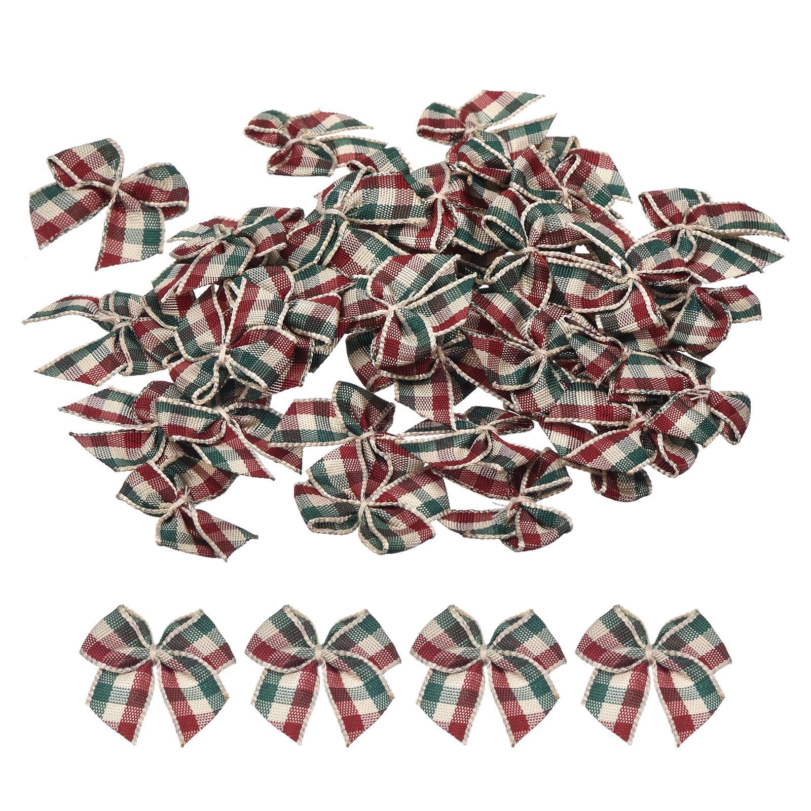 TA-VIGOR 50pcs 1 Inch Mini Satin Ribbon Bows, Fabric Flower Embellishments Gift Wrapping Bow Ribbon for DIY Crafts, Wedding, Hair Clips, Gift Decoration, Sewing Appliques, Dark Red Green Cream