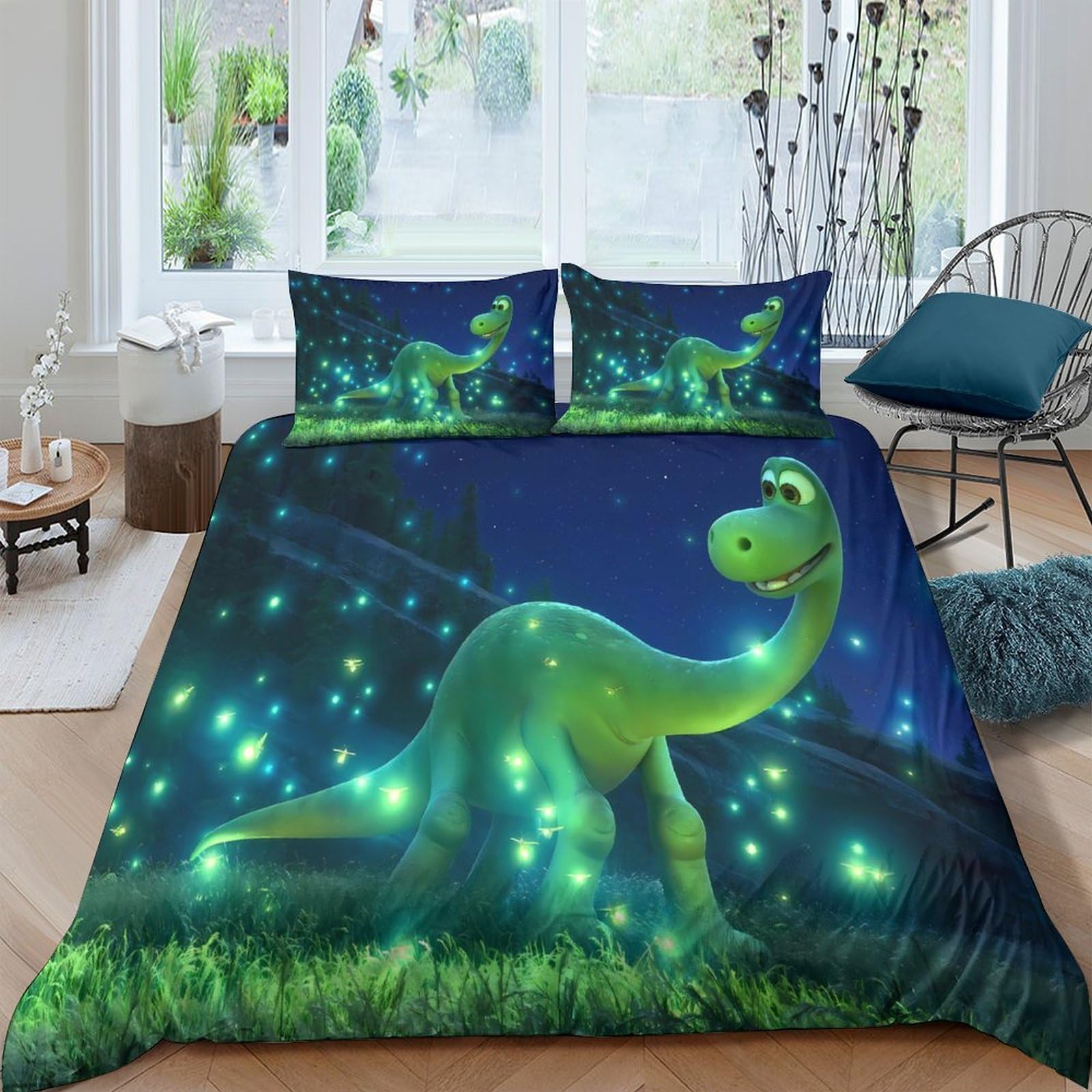 Scena notturna dei dinosauri Impressione 3D 3 pz coperteletto Film d'animazione per famiglie cover piumone microfibra ipoallergenica zip per ragazzi adolescenti donne King（220x240cm）