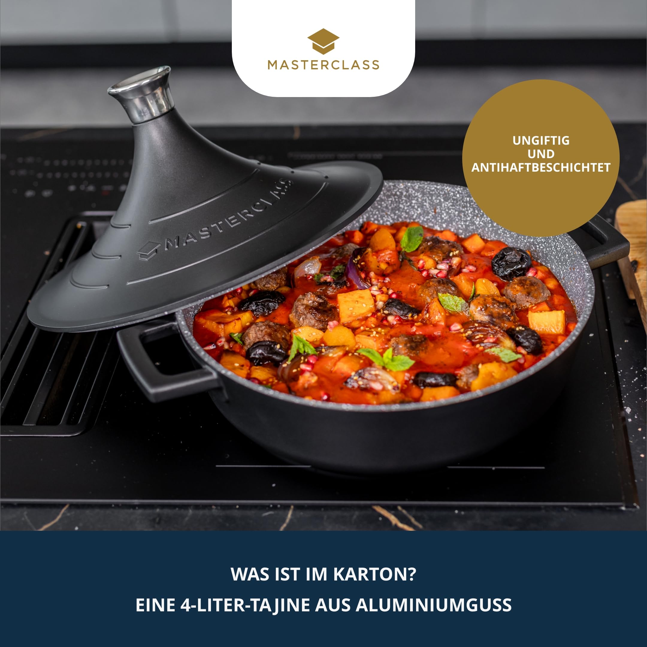 MasterClass Tajine-Form aus Aluminiumguss mit selbstbindendem Kegeldeckel, 4 l, Antihaftbeschichtung, rund, Induktion, Herd, Kochgeschirr, spülmaschinenfest, ofenfest, 28 cm, Schwarz
