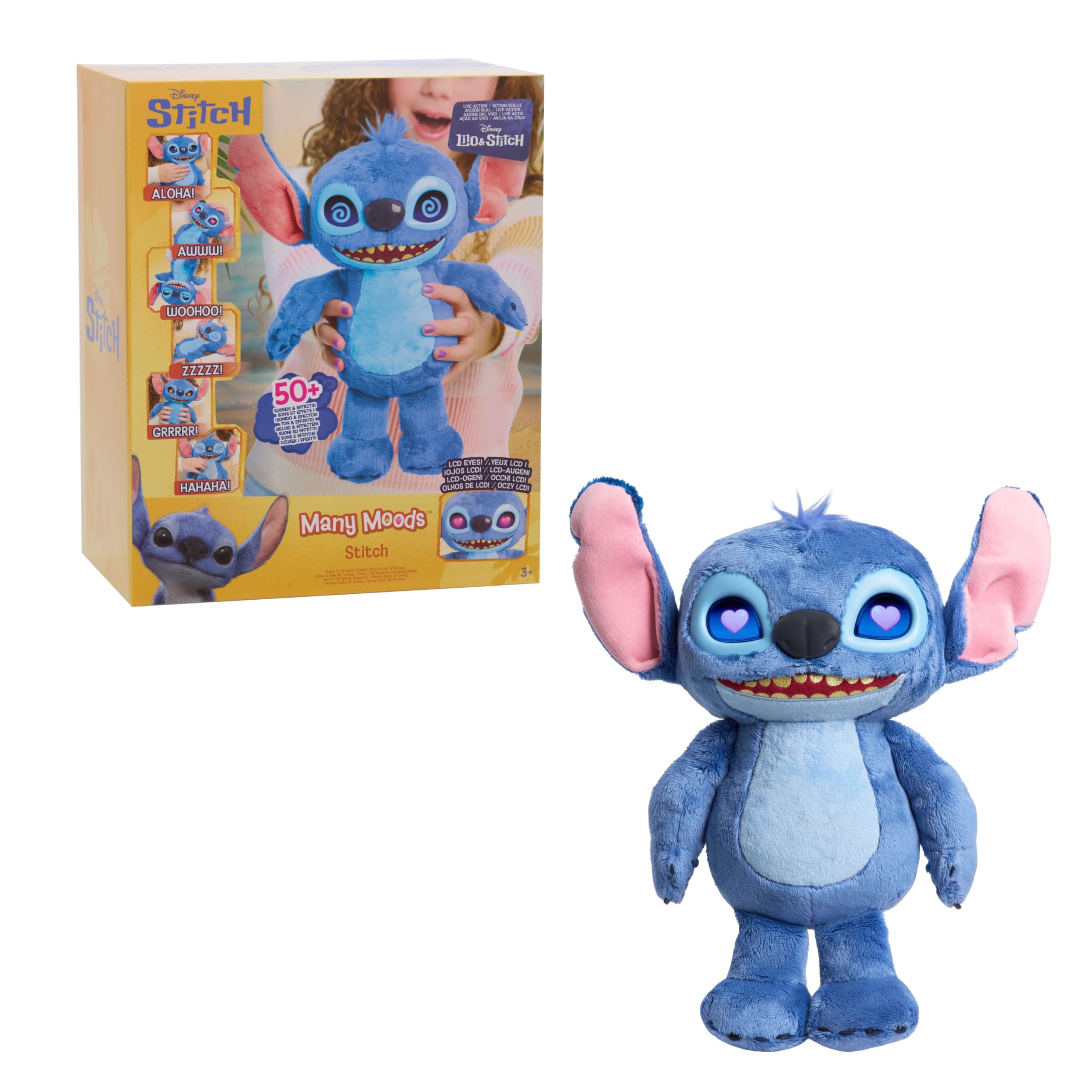 Disney Stitch Many Moods 14-inch Interactive Plush, 50+ sounds & phrases, LCD Eyes, inspired by Disney's new live-action Lilo & Stitch movie, Toy for Fans, Girls, Boys, Kids 3+ by Just Play