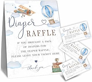 Baby Shower Diaper Raffle Game Kit, Airplane & Hot Air Balloon, 50 Tickets & 1 Standing Sign, Decoration For Baby Shower, Gender Reveal, Baby Announcement, Party Favor & Decorations - B07