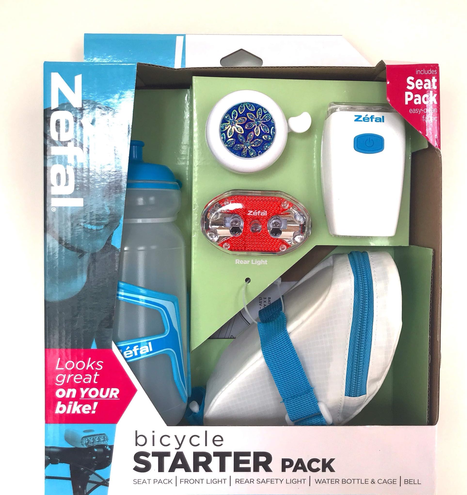 Zefal Bicycle Starter Kit Seat Pack, Front & Rear Light, Water Bottle and Cage, Bell.