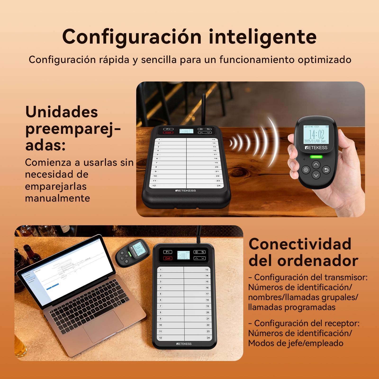 Retekess TD037 Buscapersonas Restaurante, Sistema de Llamadas Restaurante con Teclado de 24 Teclas, Intermitente y Audible, Incluye 6 Buscapersonas para Restaurantes, Cafeterías, Bares