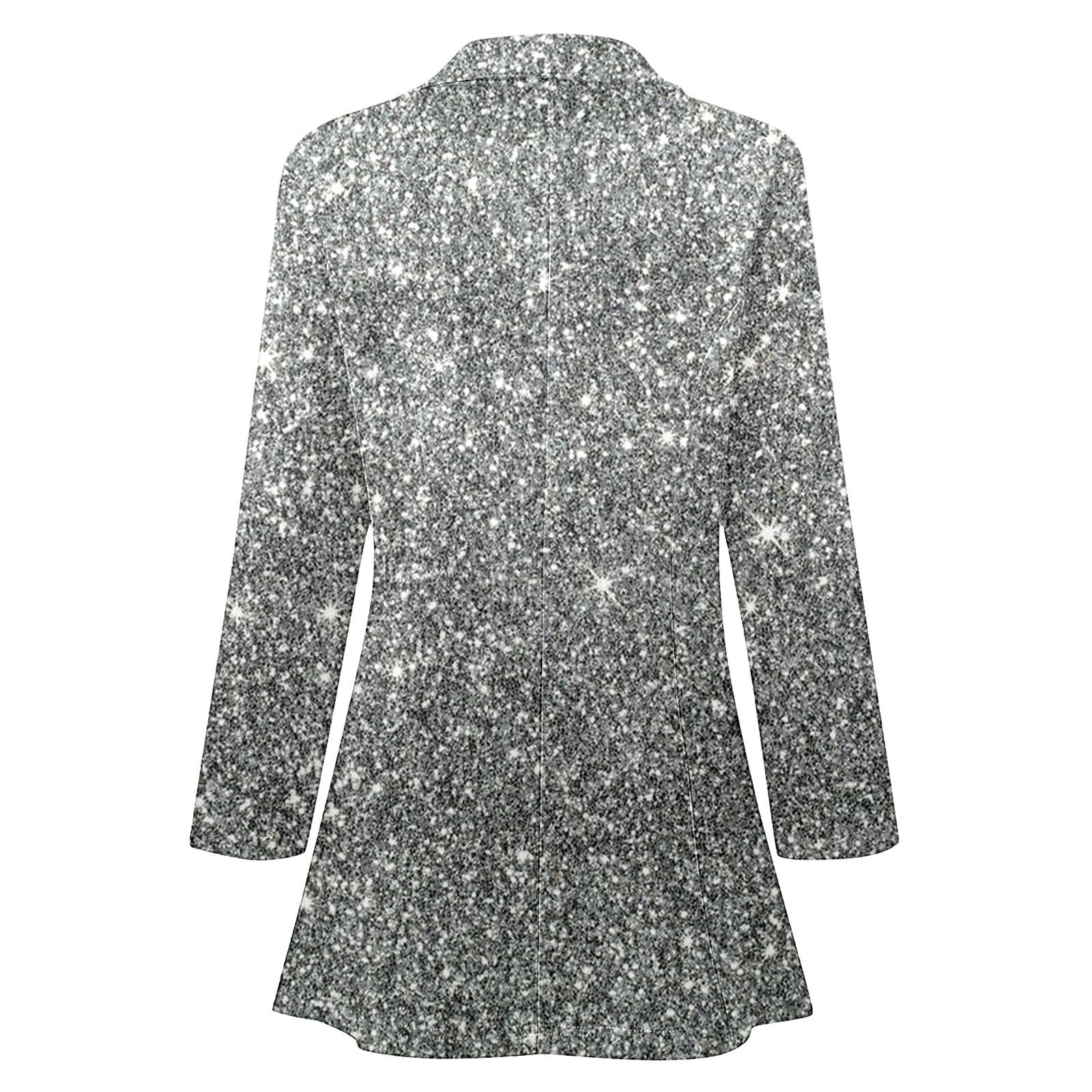 Giacca glitterata da donna, per feste e club, con paillette, alla moda, con paillettes, casual, con tasche, elegante e aderente, con paillettes