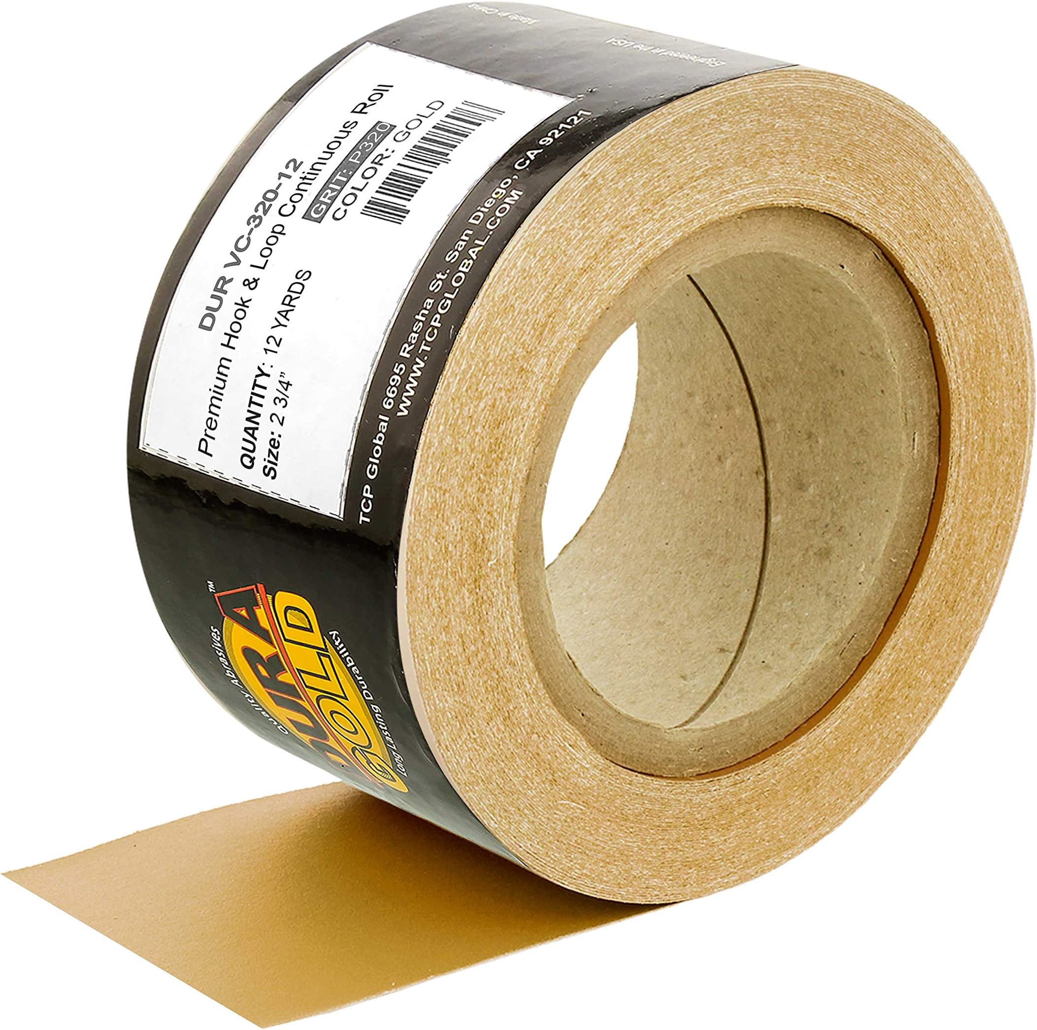 Dura-Gold Premium - 320 Grit Gold - Hook & Loop Backing Longboard Continuous Sandpaper Roll, 2-3/4" Wide, 12 Yards Long - For Automotive & Woodworking Air File Long Board Sanders, Hand Sanding Blocks