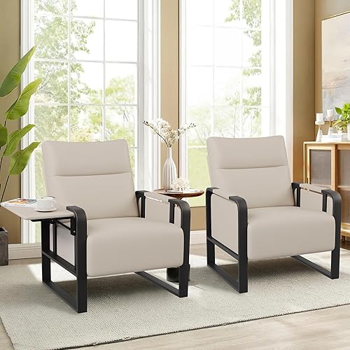 Juego de 2 sillas decorativas modernas de piel sintética, tapizadas, con bandeja, mesa de ocio, para sala de estar, dormitorio, oficina, color beige