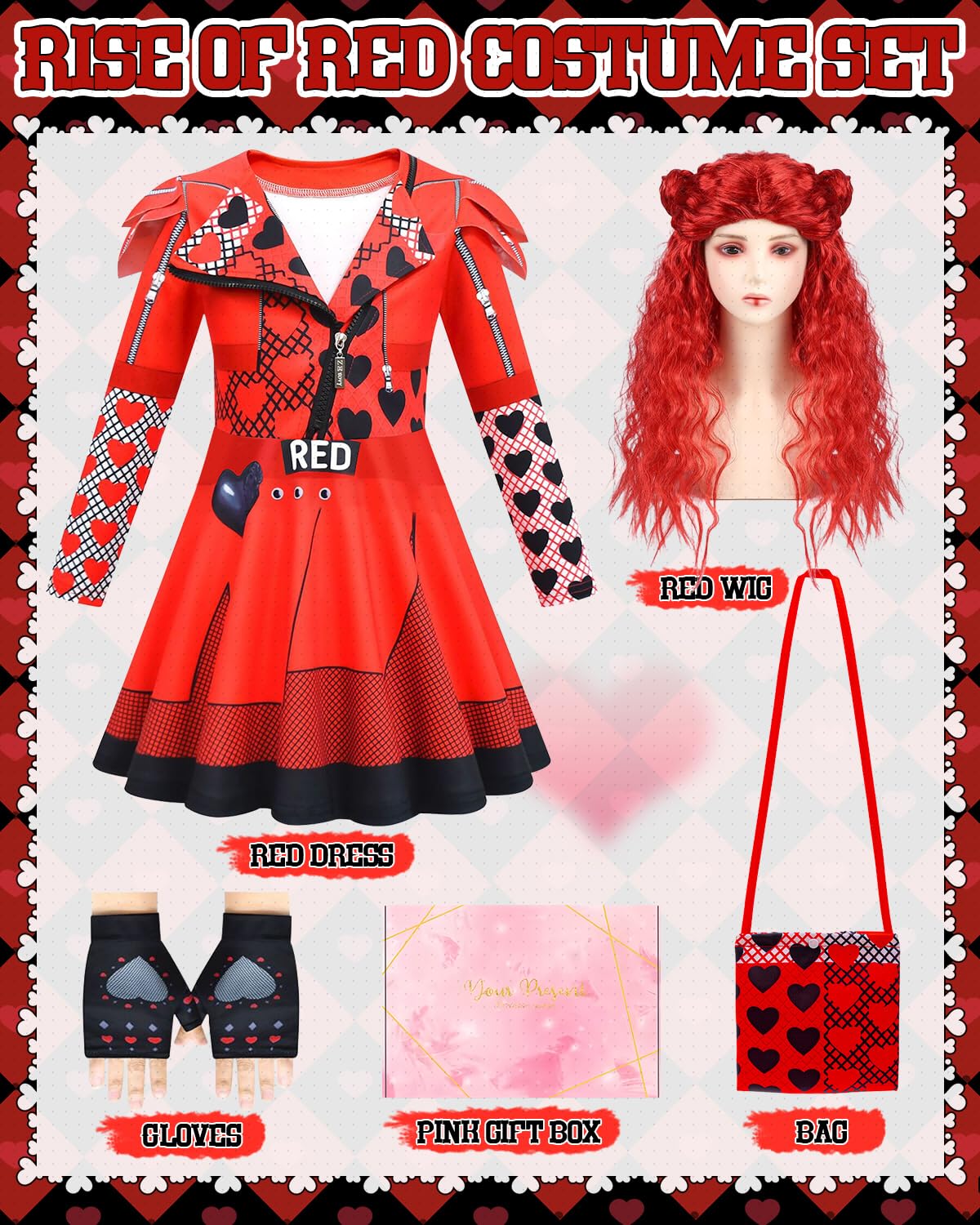 TOLOYE Red of Rise Costume, Red of Rise Dress with Crossbody Bag, Wig and Gloves - Image 2