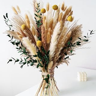 Naunauya Boho Dried Pampas Grass Bouquet - Olive Green Bunny Tails Eucalyptus Flowers for Farmhouse Bedroom Office Wall Decor & Weddings