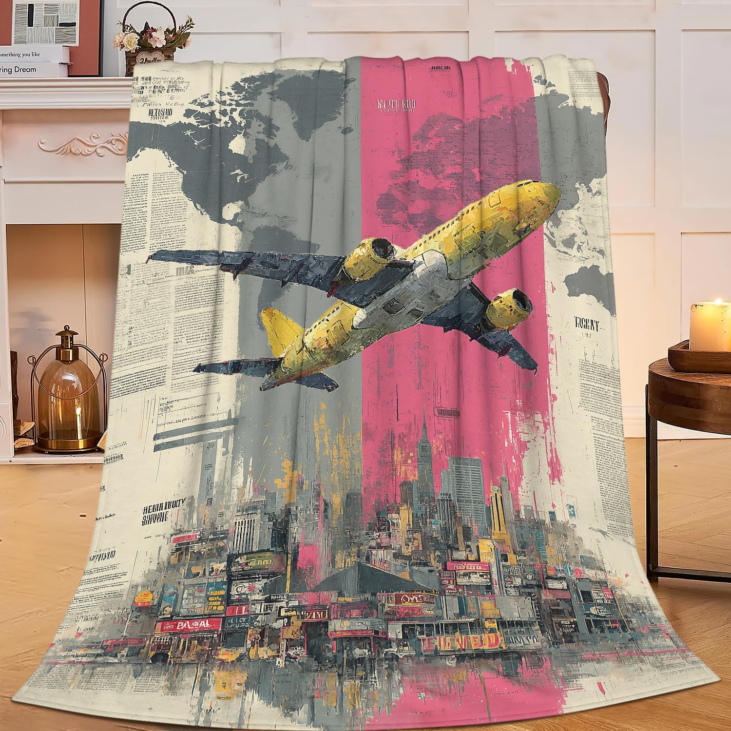 Airplane Throw Blanket Rustic Aircraft Blankets Aviation Traver Fleece Plush Super Soft Cozy Warm Pilot Decor Gifts for Boys Girls Kids Adults Men Women 40″ x 50″