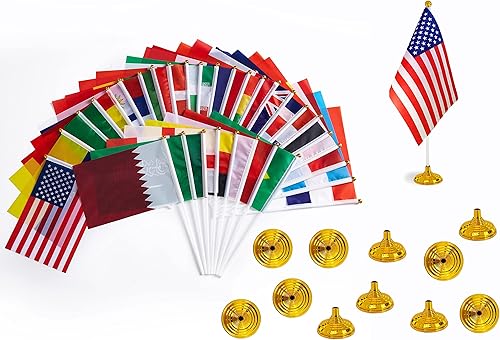 Bandera de escritorio de la Copa Mundial de Fútbol de Qatar 2022, tamaño pequeño, mini banderas de mesa de 32 países con decoración de base de