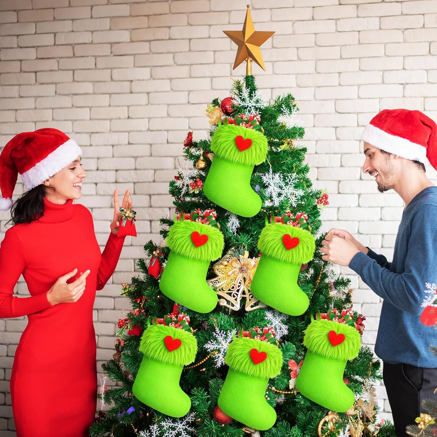 Realspring 24pcs Mini Christmas Stockings 6 Inch Green Faux Fur Xmas Stockings Mini Gift Small Fireplace Hanging Holiday Decorations Xmas Present for Christmas Family Party Tree Fireplace