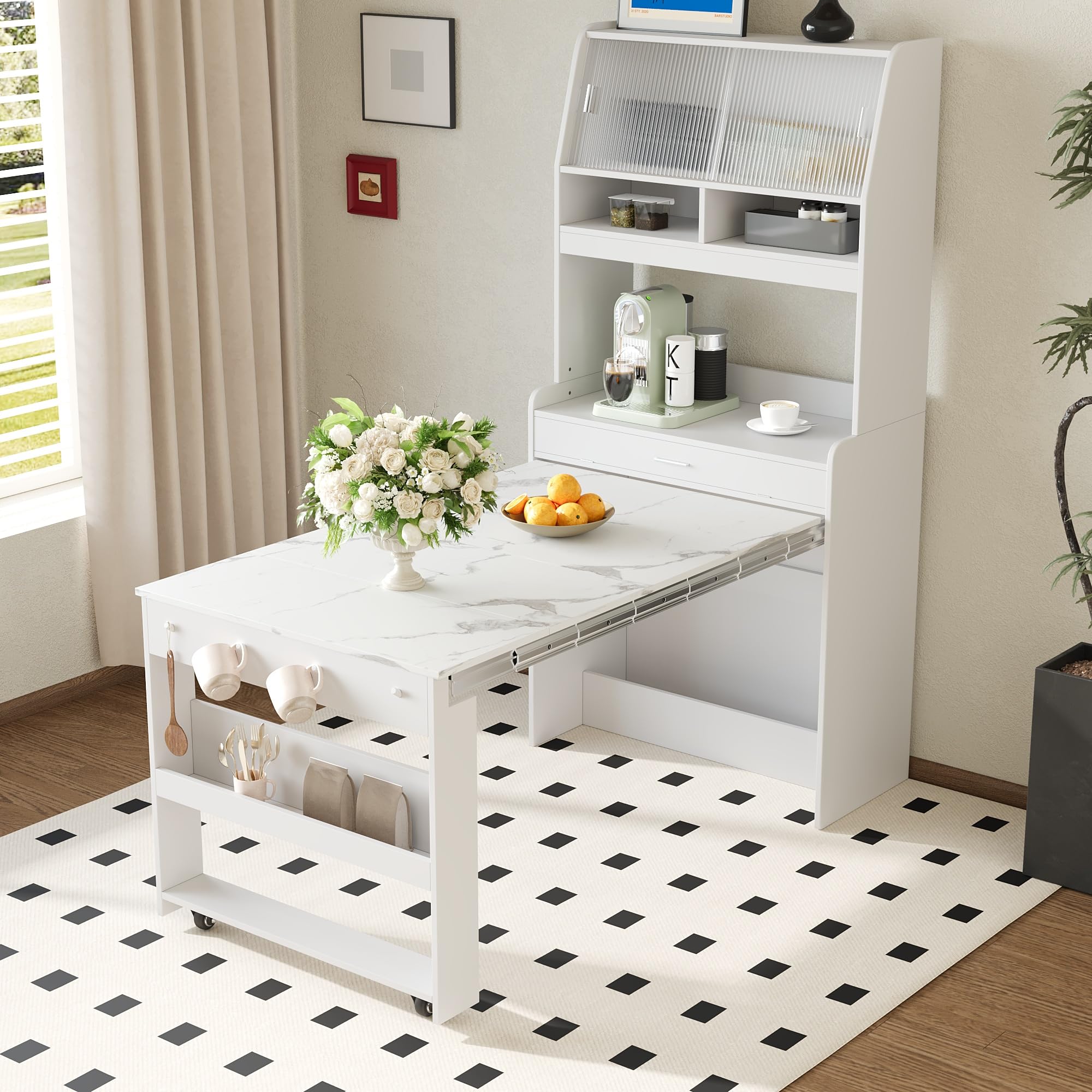 Compact Sideboard Buffet with Hutch and Foldable Dining Table, Multifunctional Cupboard with Storage Shelf and Side Hooks for Small Places Living Room Studio Apartment, Marble White