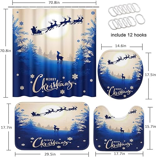 Miniatura 4 de Emvency Juego de cortina de ducha de Navidad con tapa de inodoro y alfombras antideslizantes, juego de 4 alfombras de baño de ciervos de Navidad,