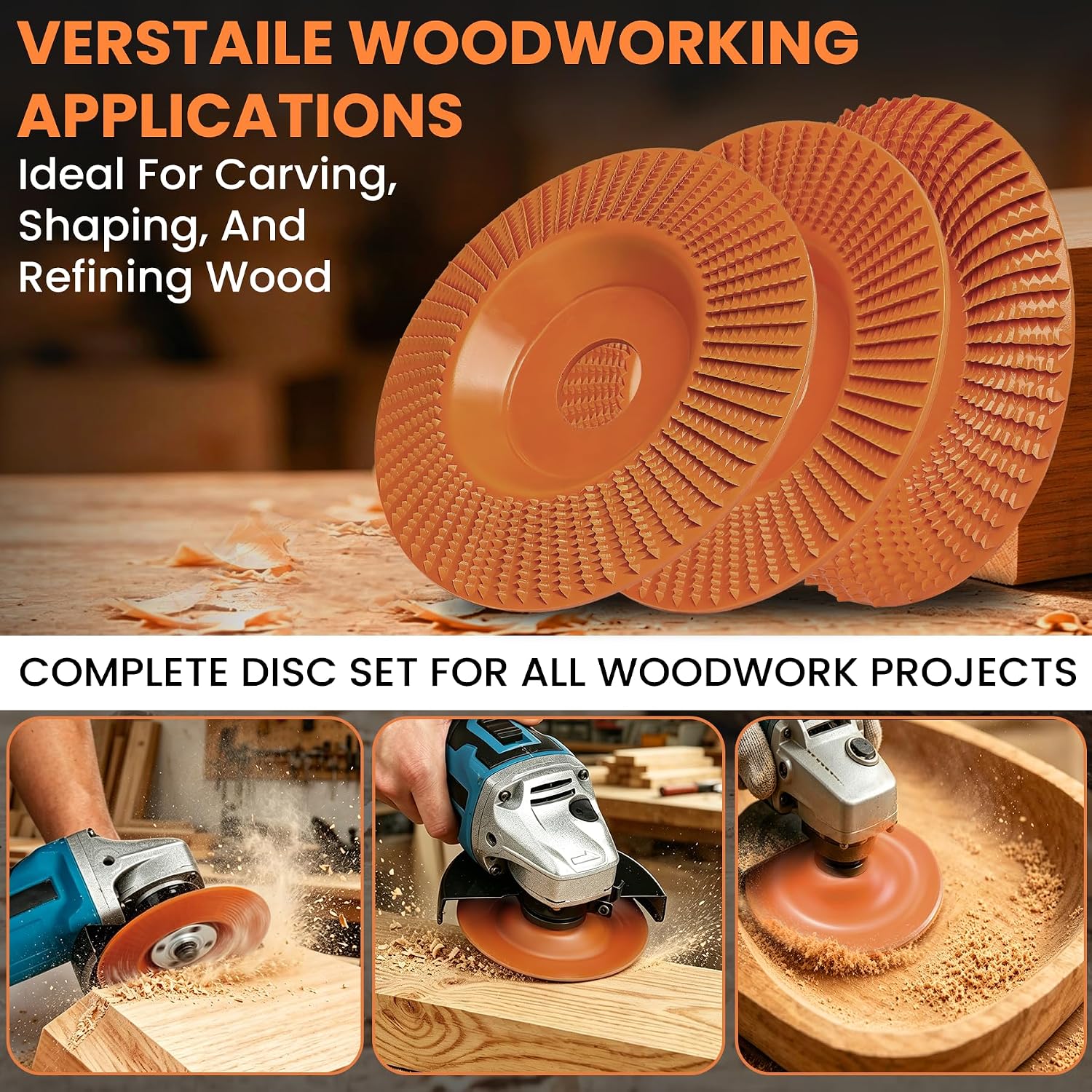 3-Pack Wood Carving Disc 4.5" Set for Angle Grinder Wood Grinding