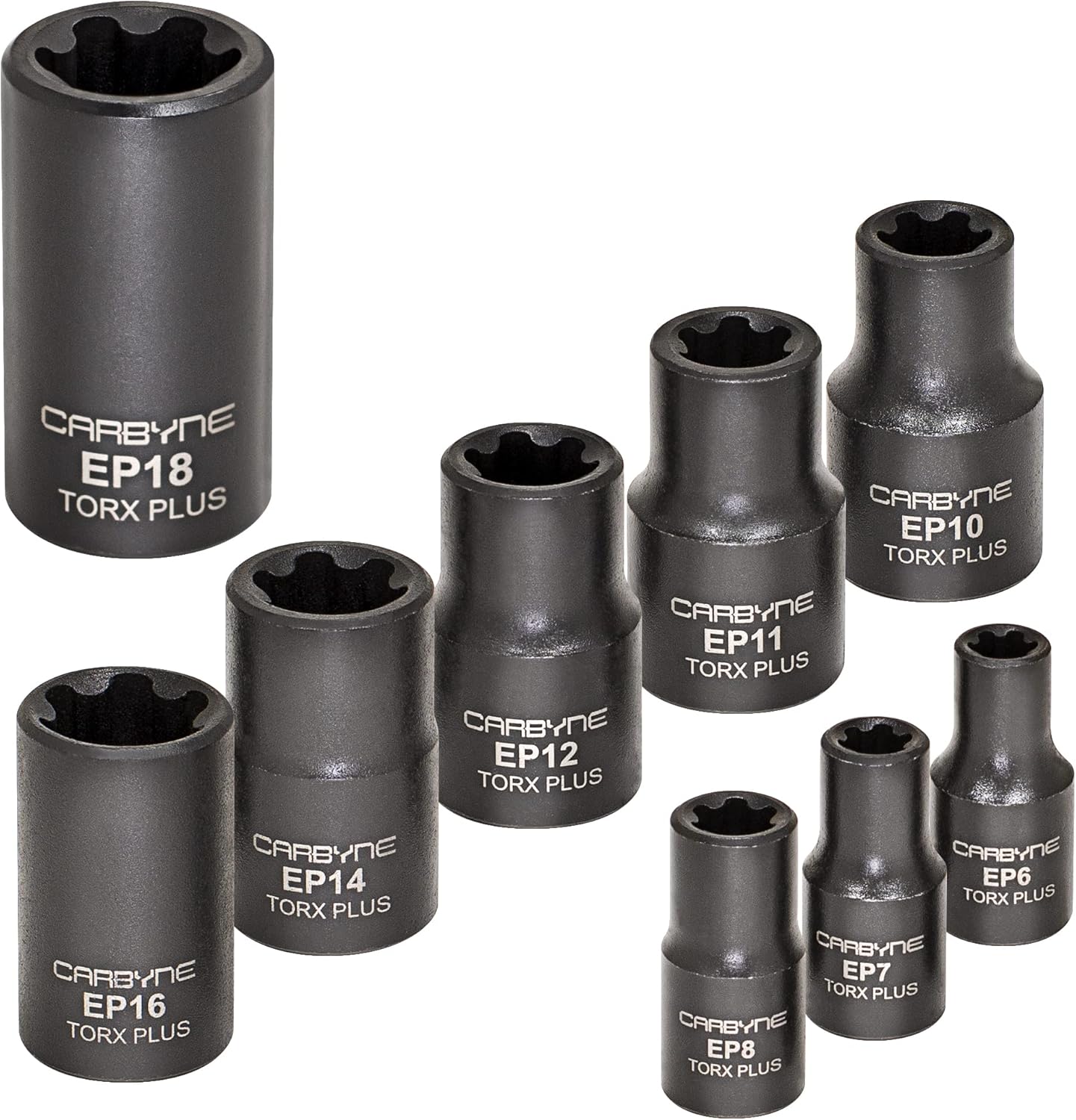 CARBYNE 9-Piece External Torx Plus (E-Torx Plus) Socket Set, EP6 to EP18, CrV Steel, Manganese Phosphate Finish, 1/4 and 3/8 and 1/2 in. Drive, Genuine Licensed Torx Plus
