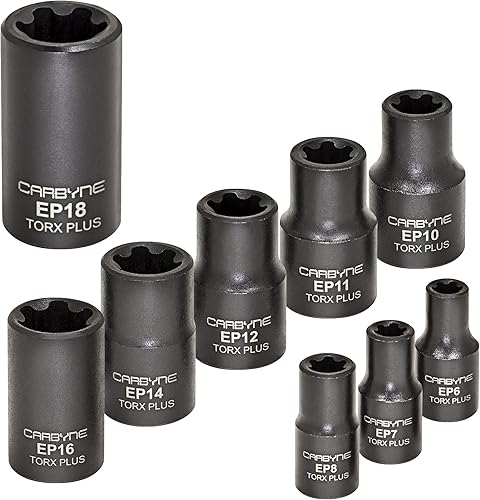 Miniatura 6 de CARBYNE Juego de enchufes Torx Plus externos de 9 piezas (eTorx Plus, también conocido como 6 lóbulos, hembra Torx Plus) E6 a E18  Acero CrV, 14, 38