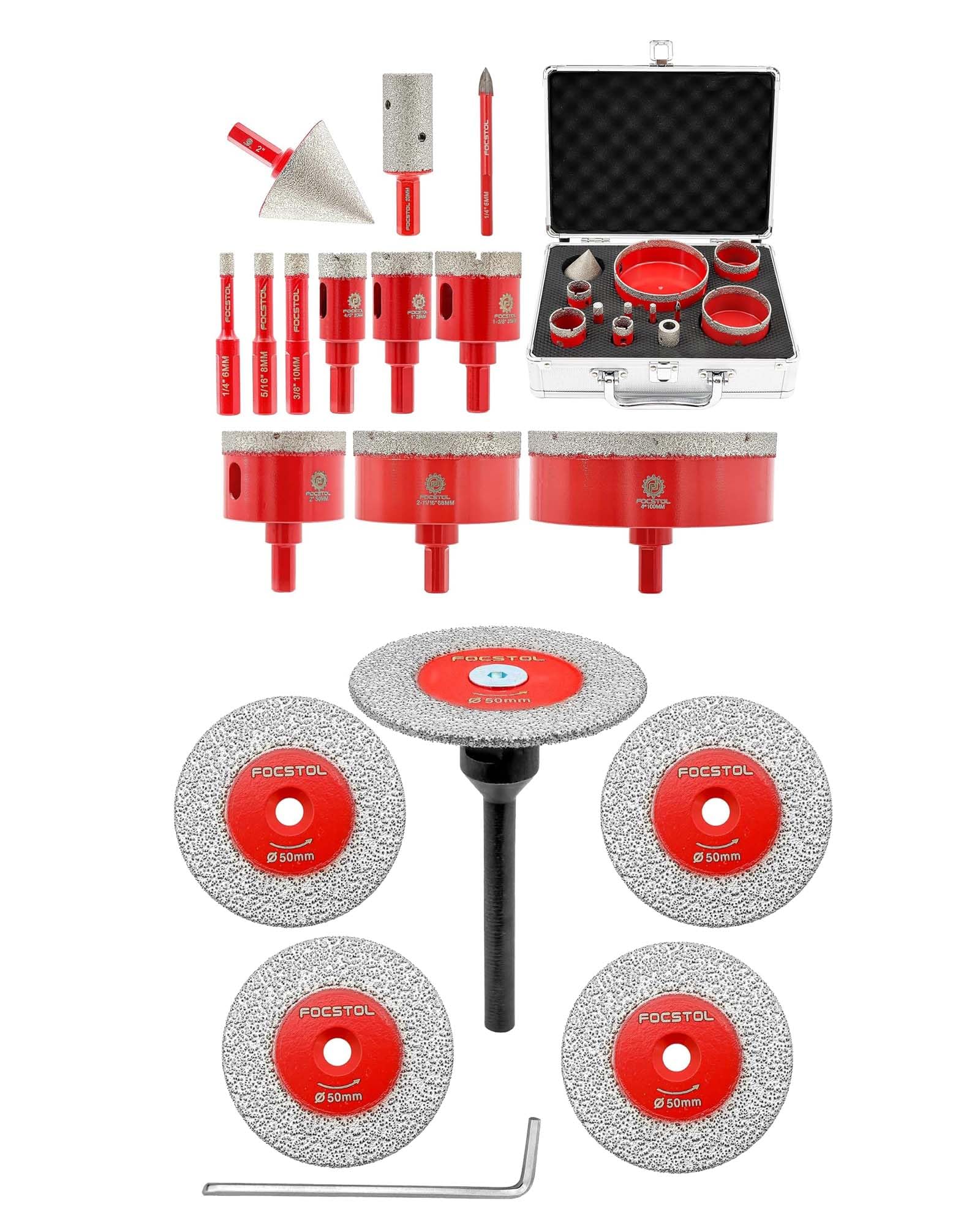 FOCSTOL Disco Diamante Corte 5 piezas 50mm Disco Cortar Azulejos y 1 pieza 6mm Mango Redondo y Juego Brocas Diamante 12 piezas