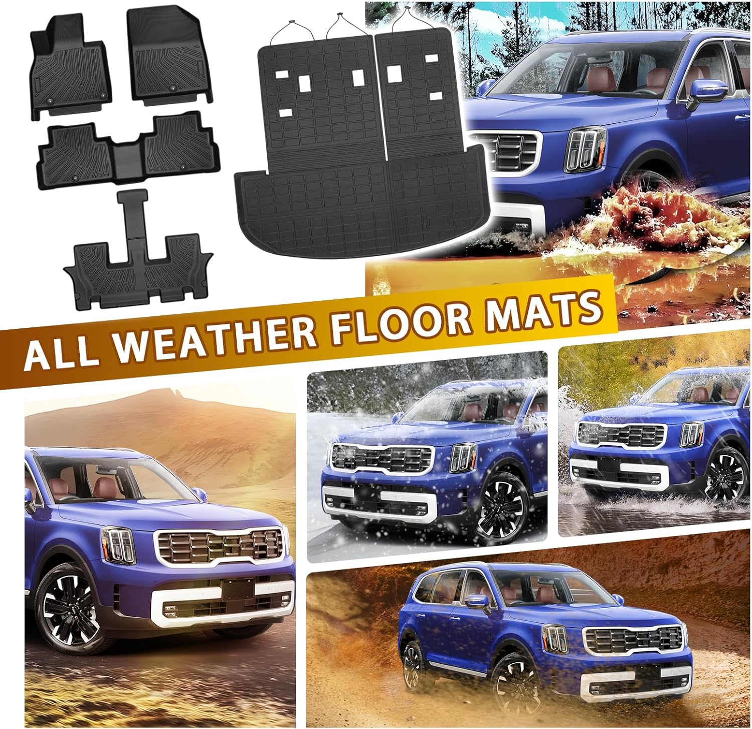 Powerty Floor Mats for 2020-2025 Kia Telluride 7/8 Passenger Car Mats Accessories, All Weather TPE Custom 2-in-1 Cargo Liner Seat Back Covers Protectors Replacement (Floor Mat + 2-in-1 Trunk Mat)