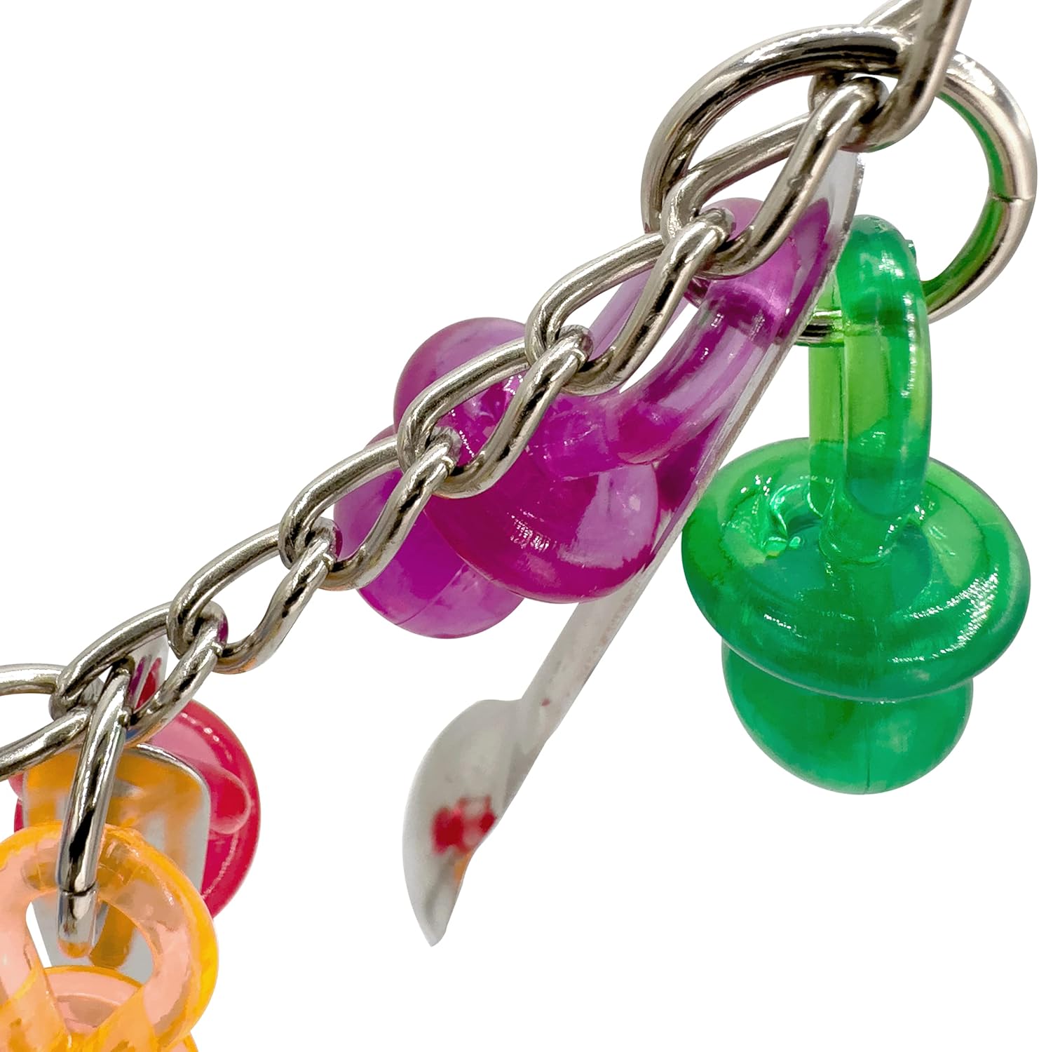 1077 Paci Rattle Ringer by M&M - Handcrafted Shiny Noisy Colorful Versatile Cage Toy, Includes (2) Quick Link Hanging Connectors, Perfect for Budgies Lovebirds Parrotlets Quakers