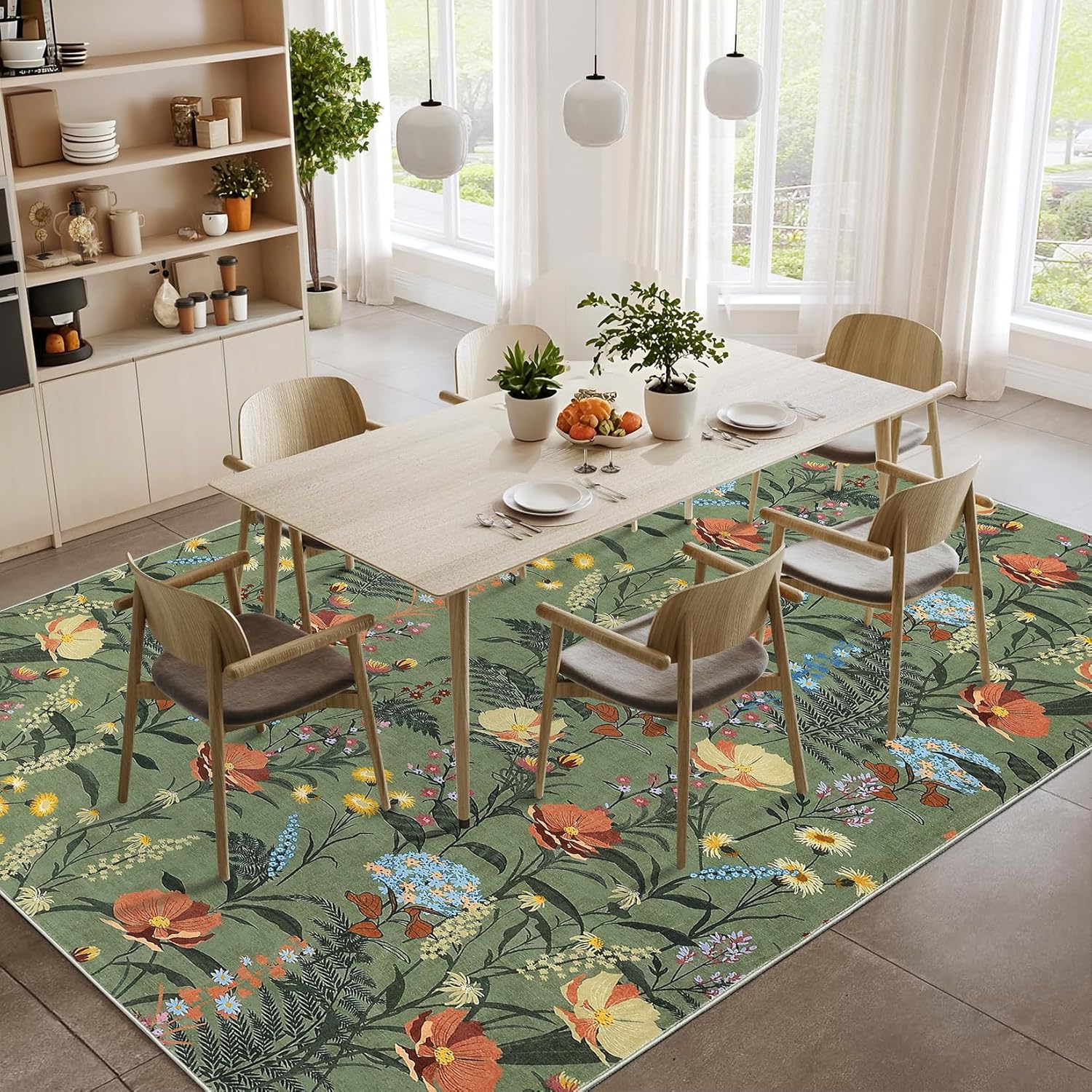 Garvee Modern Floral Washable Rugs 5x7 Area Rugs for Living Room,Rugs for Bedroom, Ultra Soft Low Pile Nature Accent Carpet, Non Slip & Non-Shedding Botanical Print Floor Mats for Home Decor, Green