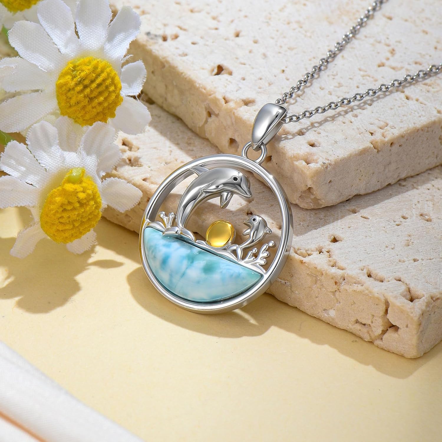 Natural Larimar Dolphin Necklace for Women 925 Sterling Silver Dolphin Pendant Necklaces Larimar Beach Jewelry Gifts for Mom Wife - Image 3