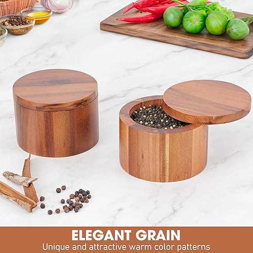 Miniatura 4 de Demigo Bodega de sal de acacia, caja de sal de madera de 4 x 2.75 pulgadas y caja de especias con cubierta giratoria, conservador de sal, tarro de