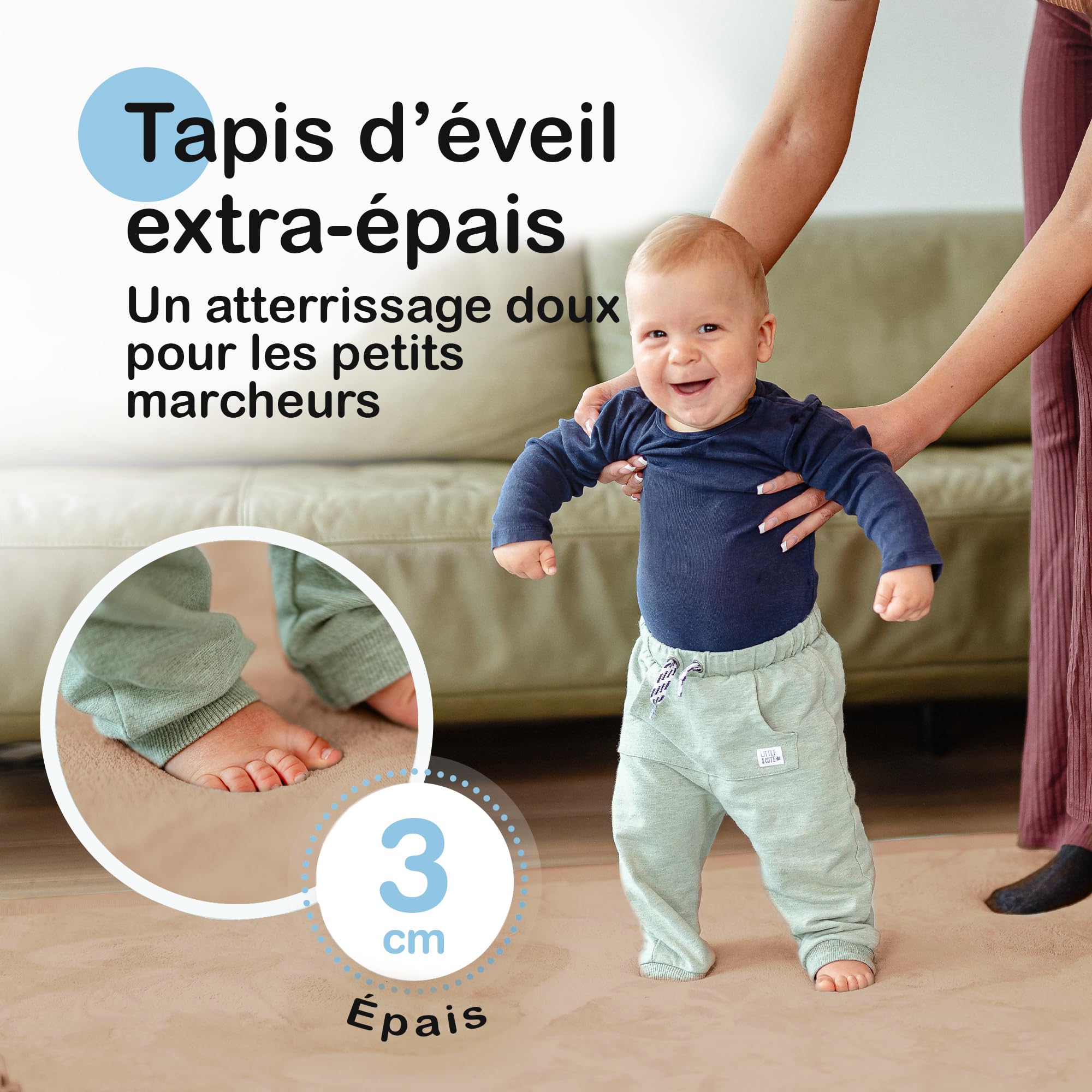 BabybeFun Tapis d'éveil bébé [Extra Doux] 3cm d'épaisseur Tapis Enfant pour Jouer et Marcher en sécurité | Tapis Chambre Enfant de Velours Tapis de Sol Mousse Bebe (Beige, 180x200x3cm)