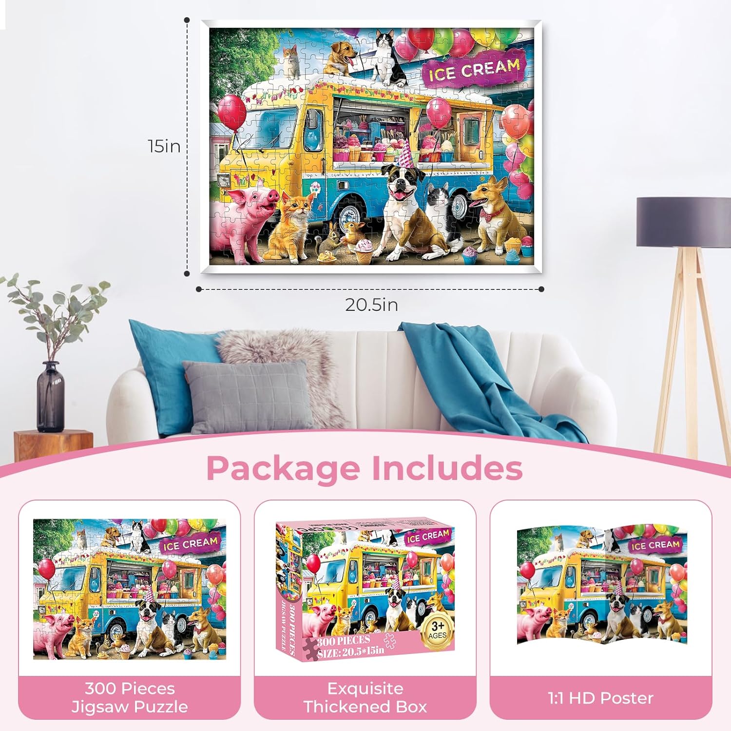 300 Piece Puzzle for Adult,Ice Cream Truck Jigsaw Puzzle,Unique Fun Colorful Summer Puzzle Large Piece,Cute Animal Puzzle for Teens Seniors,Challenging Family Activity Game Gift for Family,20.5*15In