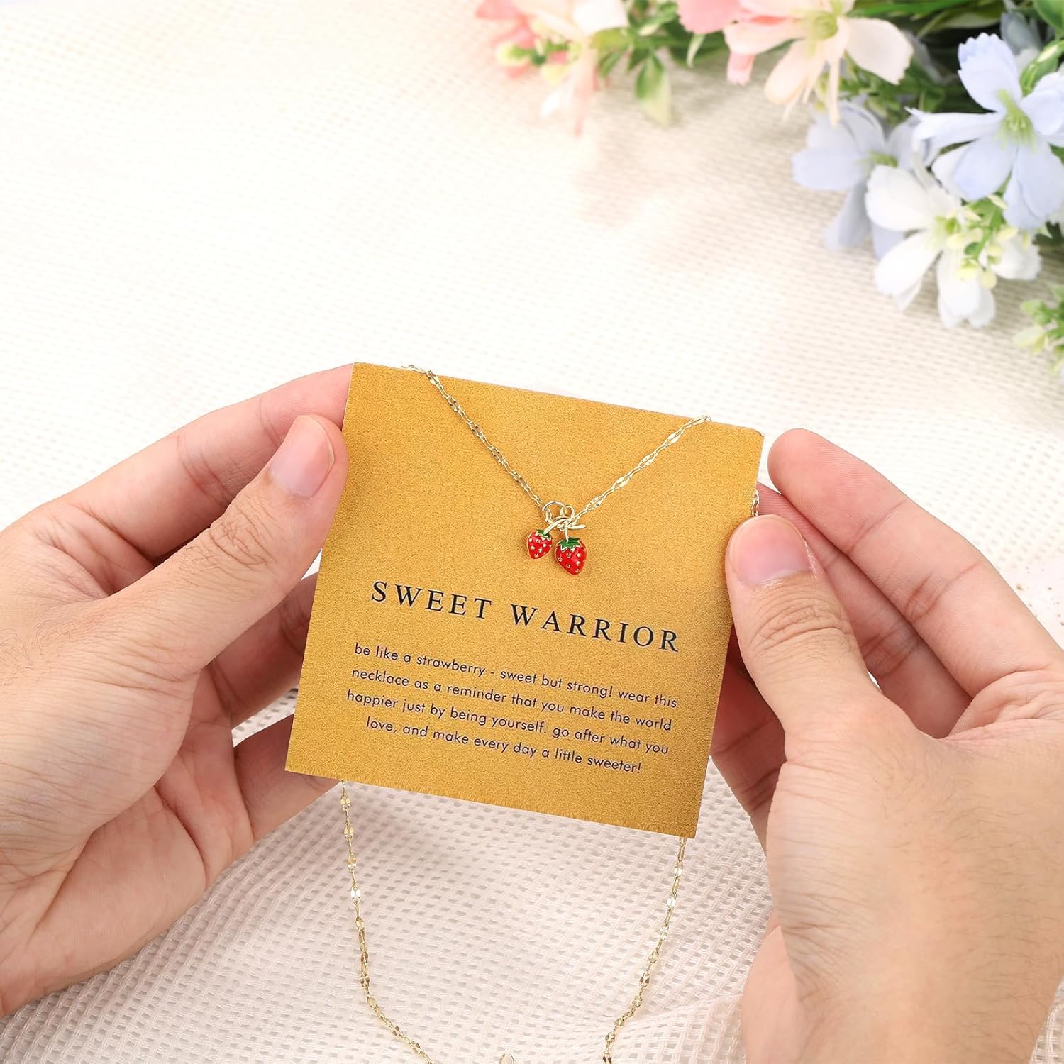 Strawberry Pendant Necklace with Inspirational Card, Dainty Strawberry Good Luck Necklace Inspirational Friendship Jewelry for Women Mom Sister Friend Gift - Image 6