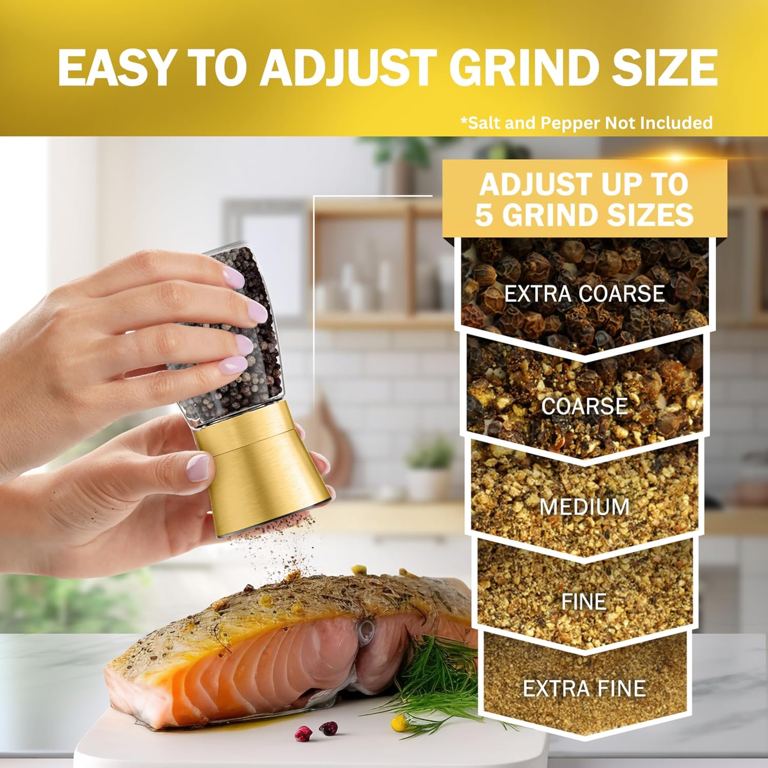Home EC Original Gold Salt and Pepper Grinder Set of 2 - Adjustable Ceramic Grinder - Glass Salt and Pepper Shakers With Funnel and Ebook - Kitchen Spice Mill - Gold Kitchen Accessories