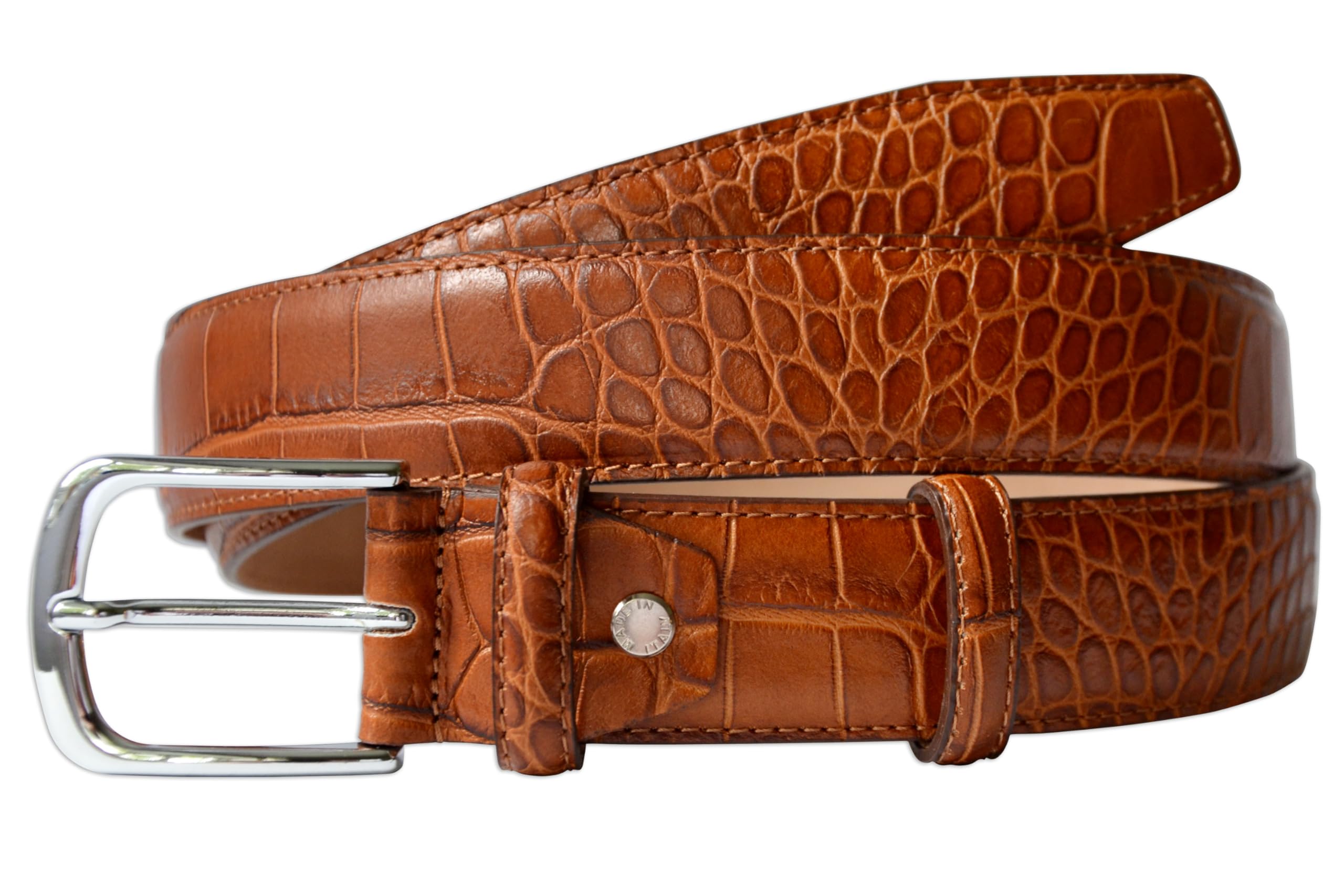 PASQUALE CUTARELLI Men's Crocodile Pattern Italian Leather Belt, 3.5cm Wide, Dark Chestnut Small, 32-Inch