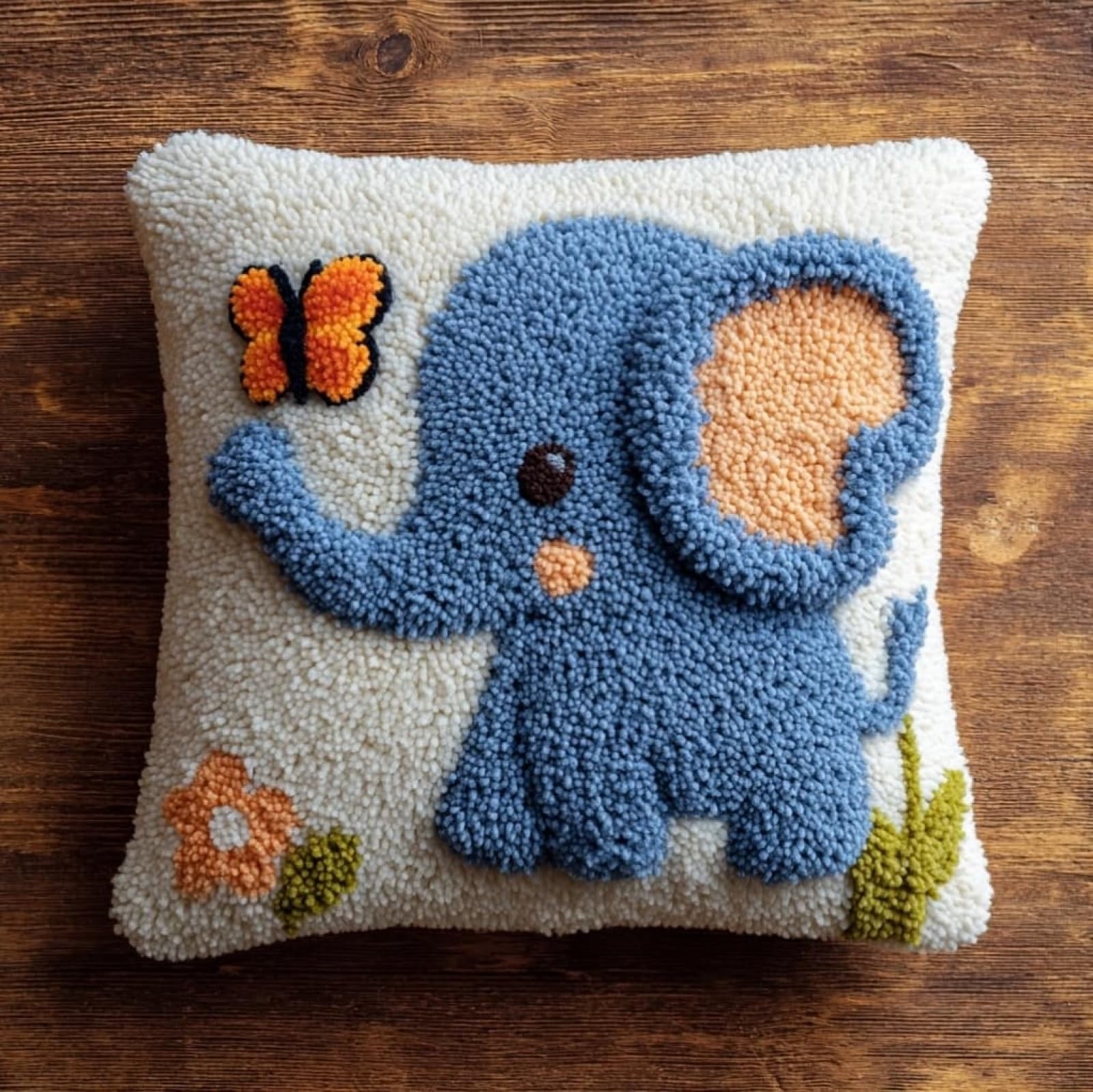 AxiangziK Latch Hook Pillow Craft Kit,Cartoon Elephant and Butterfly 43x43cm/17x17Inch,Complete Starter Kit for Beginners & Craft Enthusiasts