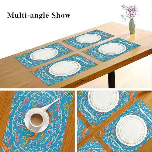 Miniatura 6 de Manteles individuales azules personalizados con diseño de dragón de cultura china para mesa de comedor, resistentes al calor, antideslizantes, para