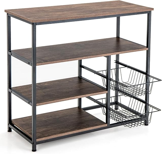 TANGZON Baker's Rack, Metal Frame Microwave Oven Stand with Wire Basket, Wheels & Hooks, Industrial Utility Storage Shelves for Kitchen Dining Room Living Room (No Wheels, No Hooks, 2 Baskets)